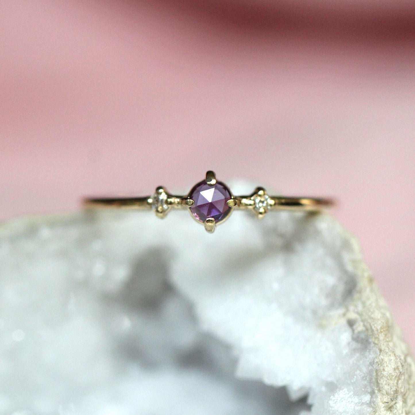 14K Amethyst Three Stone Ring, Side Diamond, Rose-cut Amethyst, 10K Gold, Solid Gold Ring, Purple Stone Ring, February Birthstone Ring