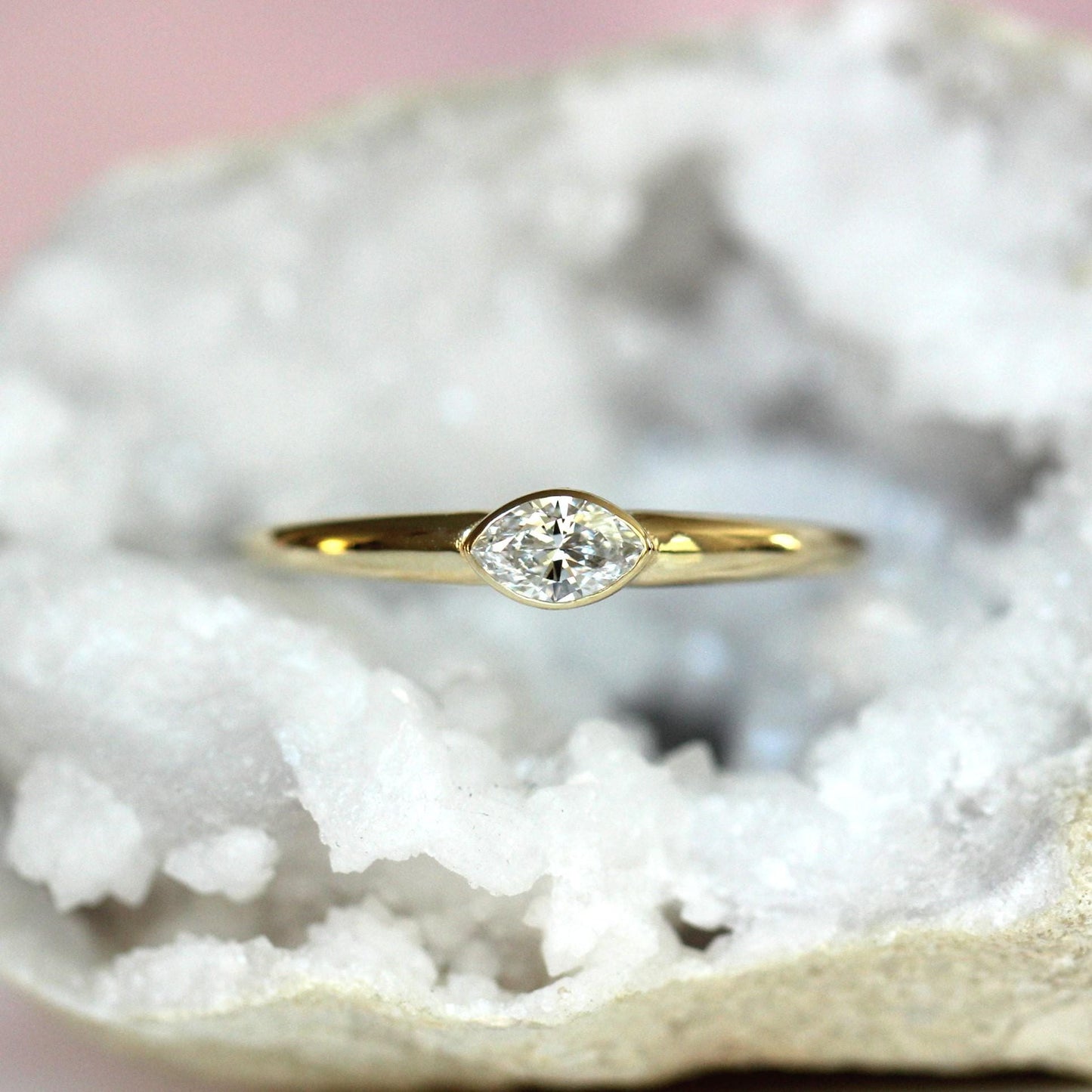 14K Diamond Marquise Bezel Ring, Tapered Band, Natural Diamond, Lab Diamond, 10K Gold, Solid Gold, Eye Ring, Bezel Ring, Solitaire Ring