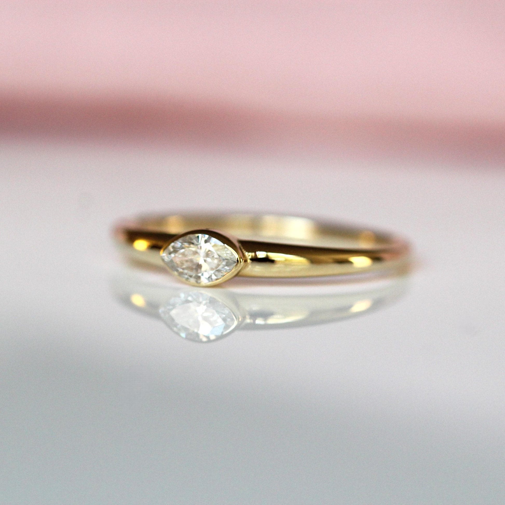14K Diamond Marquise Bezel Ring, Tapered Band, Natural Diamond, Lab Diamond, 10K Gold, Solid Gold, Eye Ring, Bezel Ring, Solitaire Ring