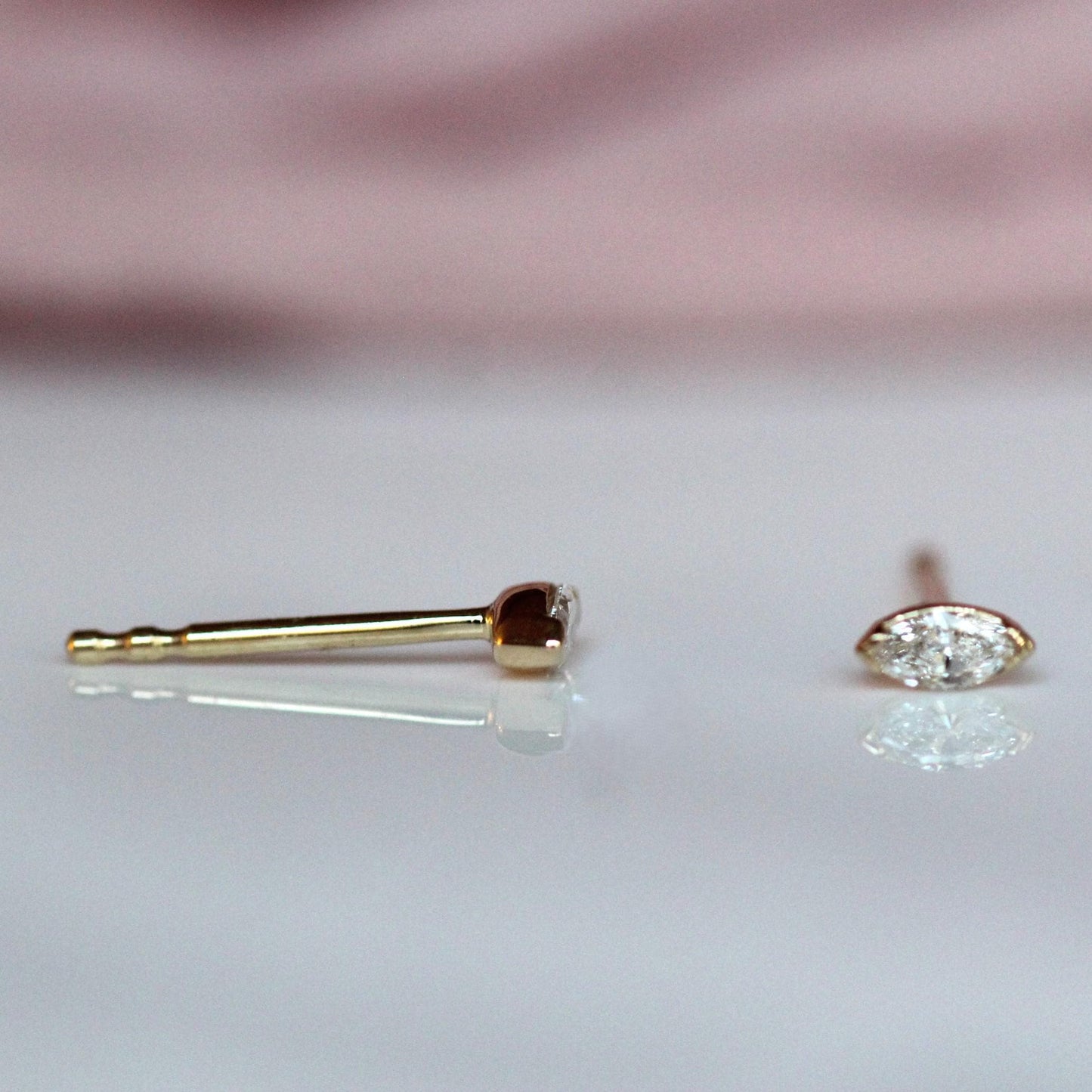 14K Gold Tiny Marquise Diamond Studs, Second Hole Stud, Solid Gold Earrings, Diamond Earings, Gift for Her, Post, Eye shape
