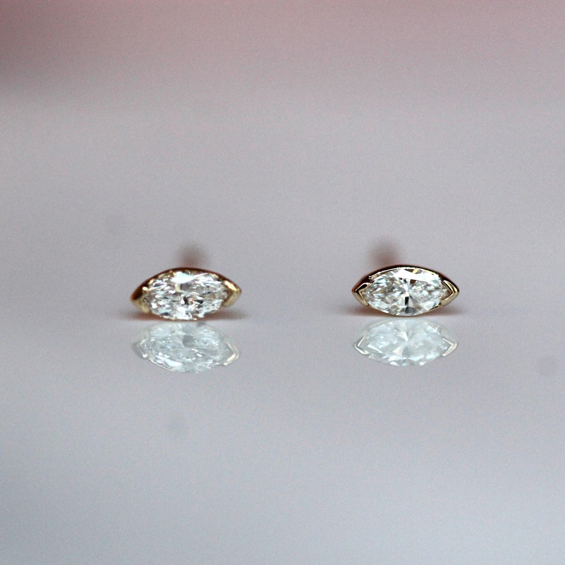 14K Gold Tiny Marquise Diamond Studs, Second Hole Stud, Solid Gold Earrings, Diamond Earings, Gift for Her, Post, Eye shape