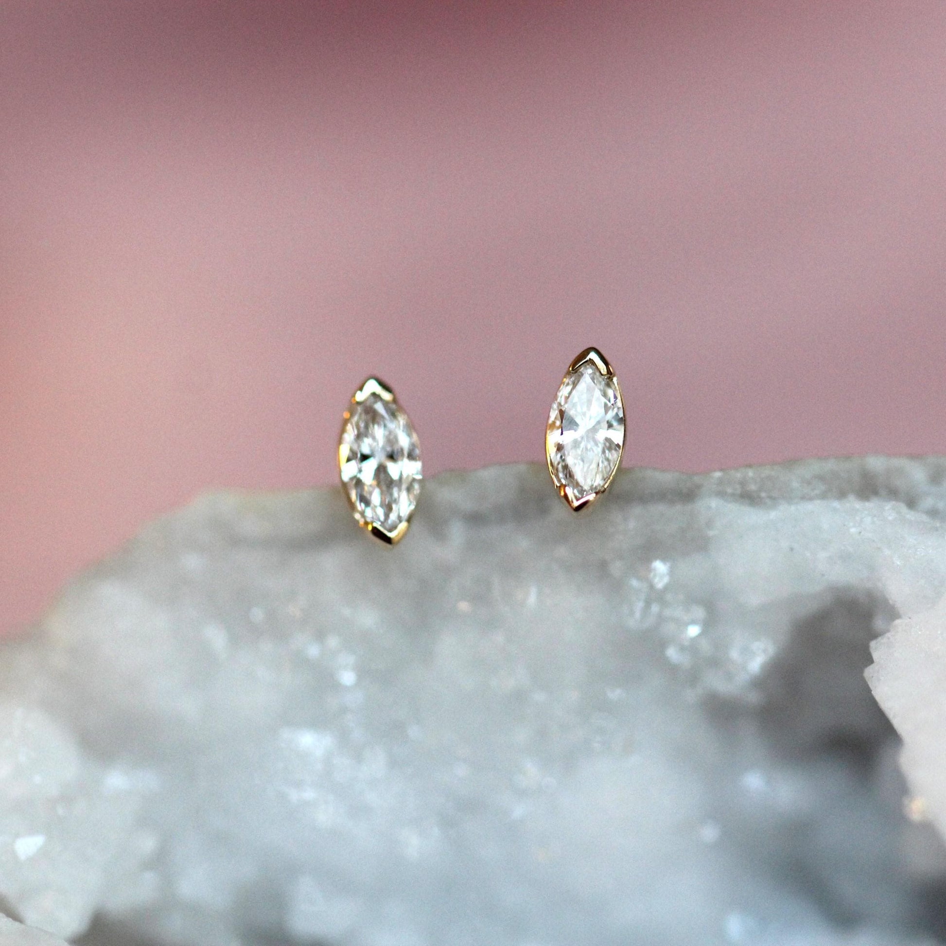 14K Gold Tiny Marquise Diamond Studs, Second Hole Stud, Solid Gold Earrings, Diamond Earings, Gift for Her, Post, Eye shape