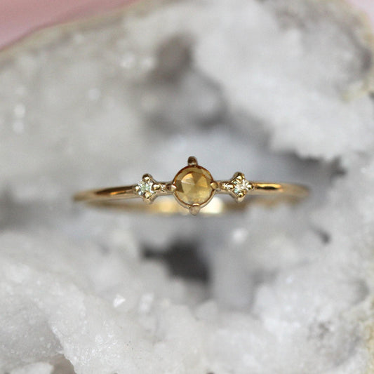 14K Citrine Three Stone Ring, Side Diamond, Rose-cut Citrine, 10K Gold, Solid Gold Ring, Yellow Stone Ring, November Birthstone Ring
