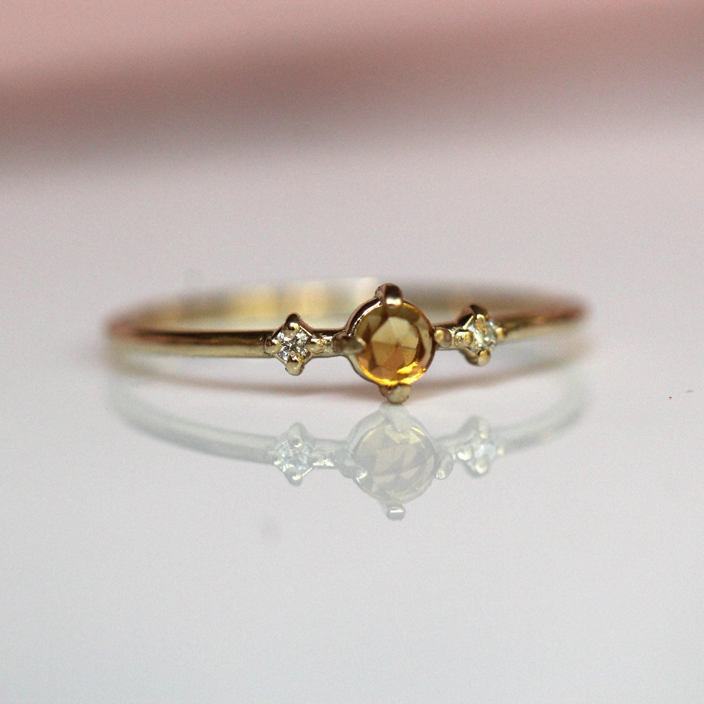 14K Citrine Three Stone Ring, Side Diamond, Rose-cut Citrine, 10K Gold, Solid Gold Ring, Yellow Stone Ring, November Birthstone Ring