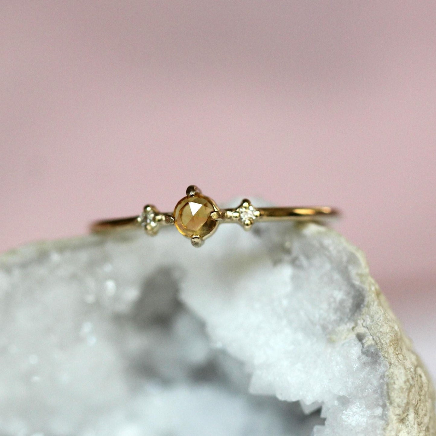 14K Citrine Three Stone Ring, Side Diamond, Rose-cut Citrine, 10K Gold, Solid Gold Ring, Yellow Stone Ring, November Birthstone Ring