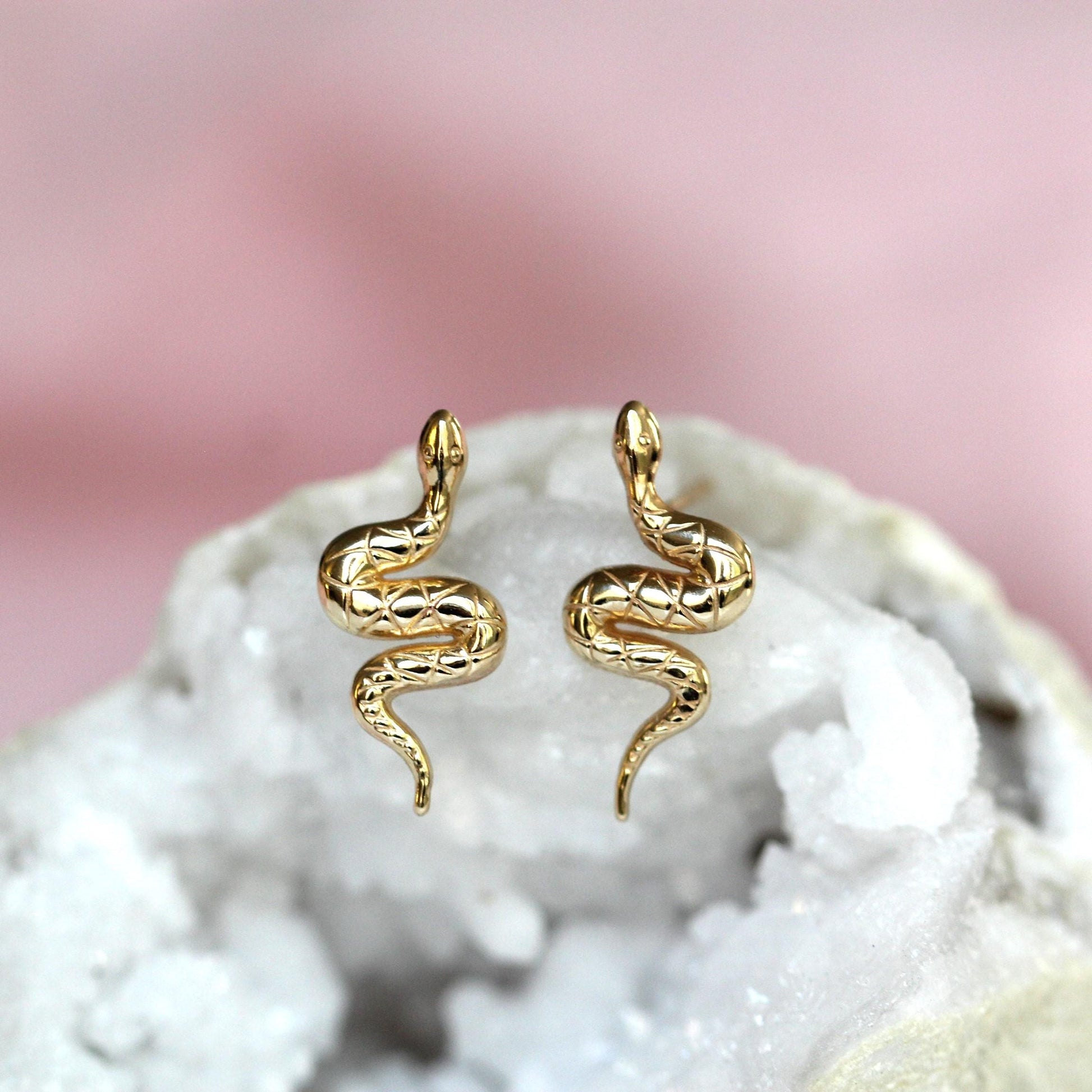 14K Gold Snake Studs, 10K Snake Earrings, Serpent Earrings, Post Studs, Solid Gold, Reptile, Wave Shape, Animal Earrings, Real Gold