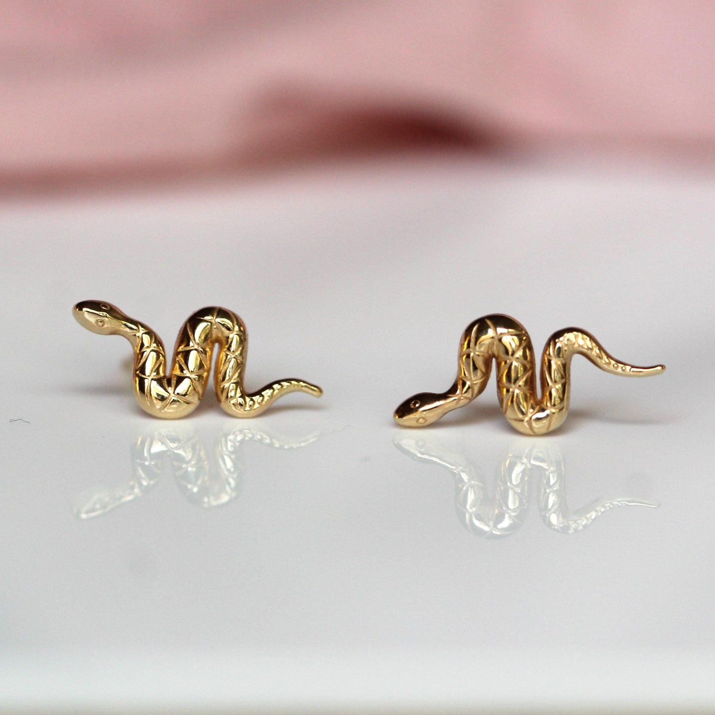 14K Gold Snake Studs, 10K Snake Earrings, Serpent Earrings, Post Studs, Solid Gold, Reptile, Wave Shape, Animal Earrings, Real Gold