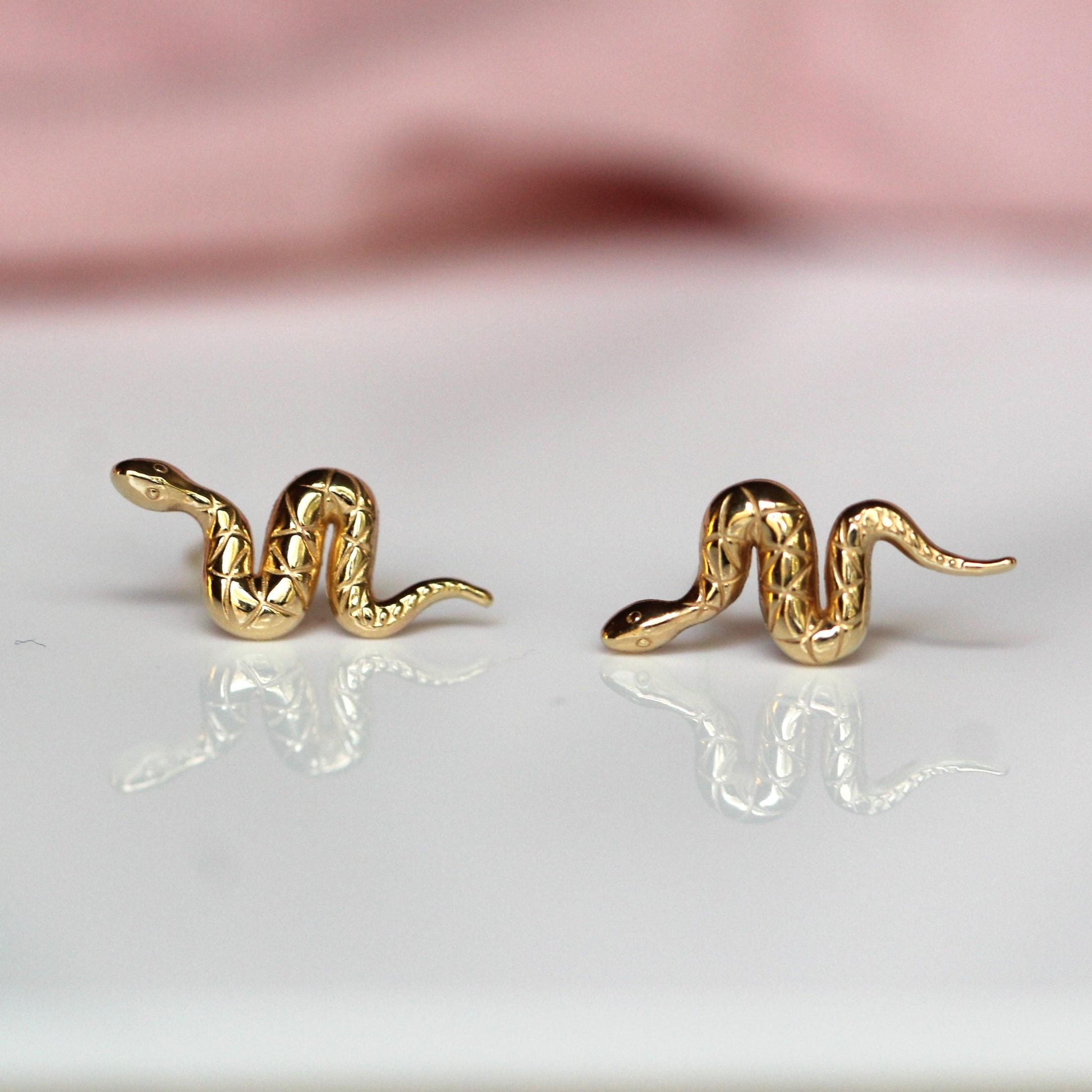 14K Gold Snake Studs, 10K Snake Earrings, Serpent Earrings, Post Studs, Solid Gold, Reptile, Wave Shape, Animal Earrings, Real Gold