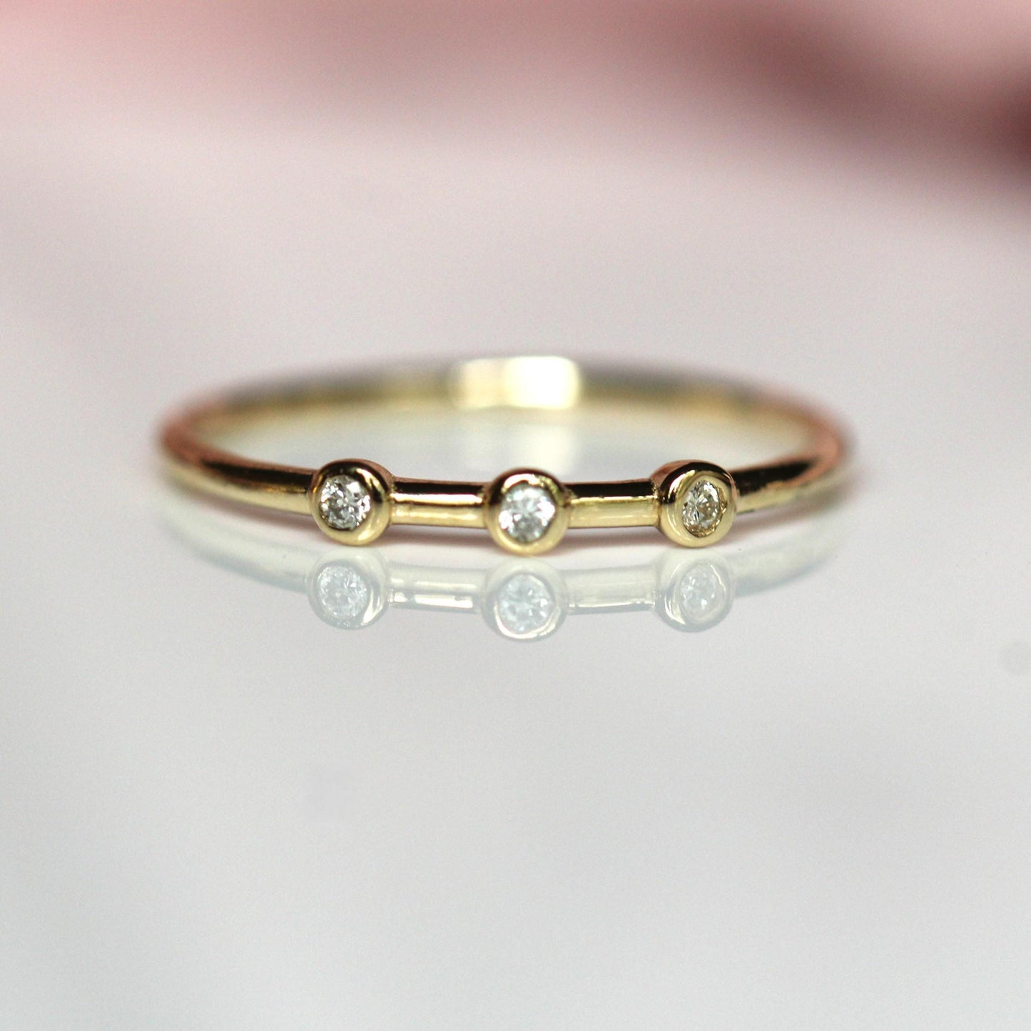 14K Triple Diamond Bezel Ring, Three Stone Ring, Tiny Bezel Ring, Unique Stacking ring, Spaced Out Stones, 10K Gold, Solid Gold Ring