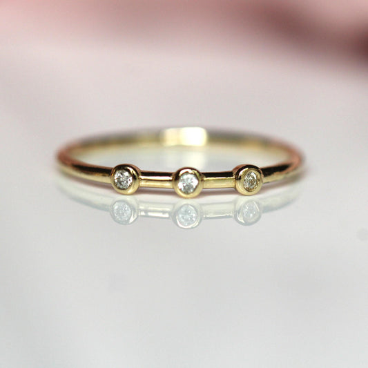 14K Triple Diamond Bezel Ring, Three Stone Ring, Tiny Bezel Ring, Unique Stacking ring, Spaced Out Stones, 10K Gold, Solid Gold Ring
