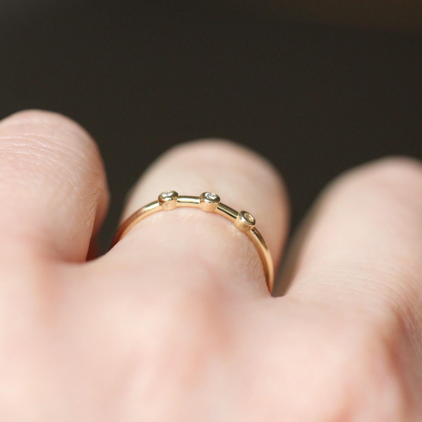 14K Triple Diamond Bezel Ring, Three Stone Ring, Tiny Bezel Ring, Unique Stacking ring, Spaced Out Stones, 10K Gold, Solid Gold Ring