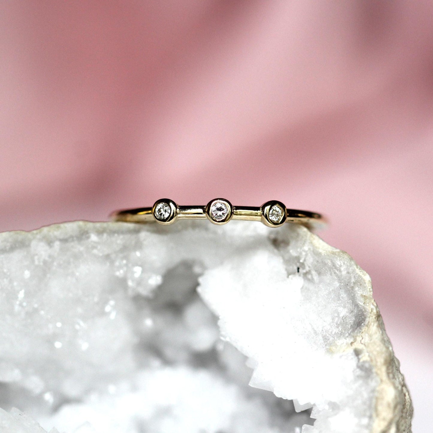 14K Triple Diamond Bezel Ring, Three Stone Ring, Tiny Bezel Ring, Unique Stacking ring, Spaced Out Stones, 10K Gold, Solid Gold Ring