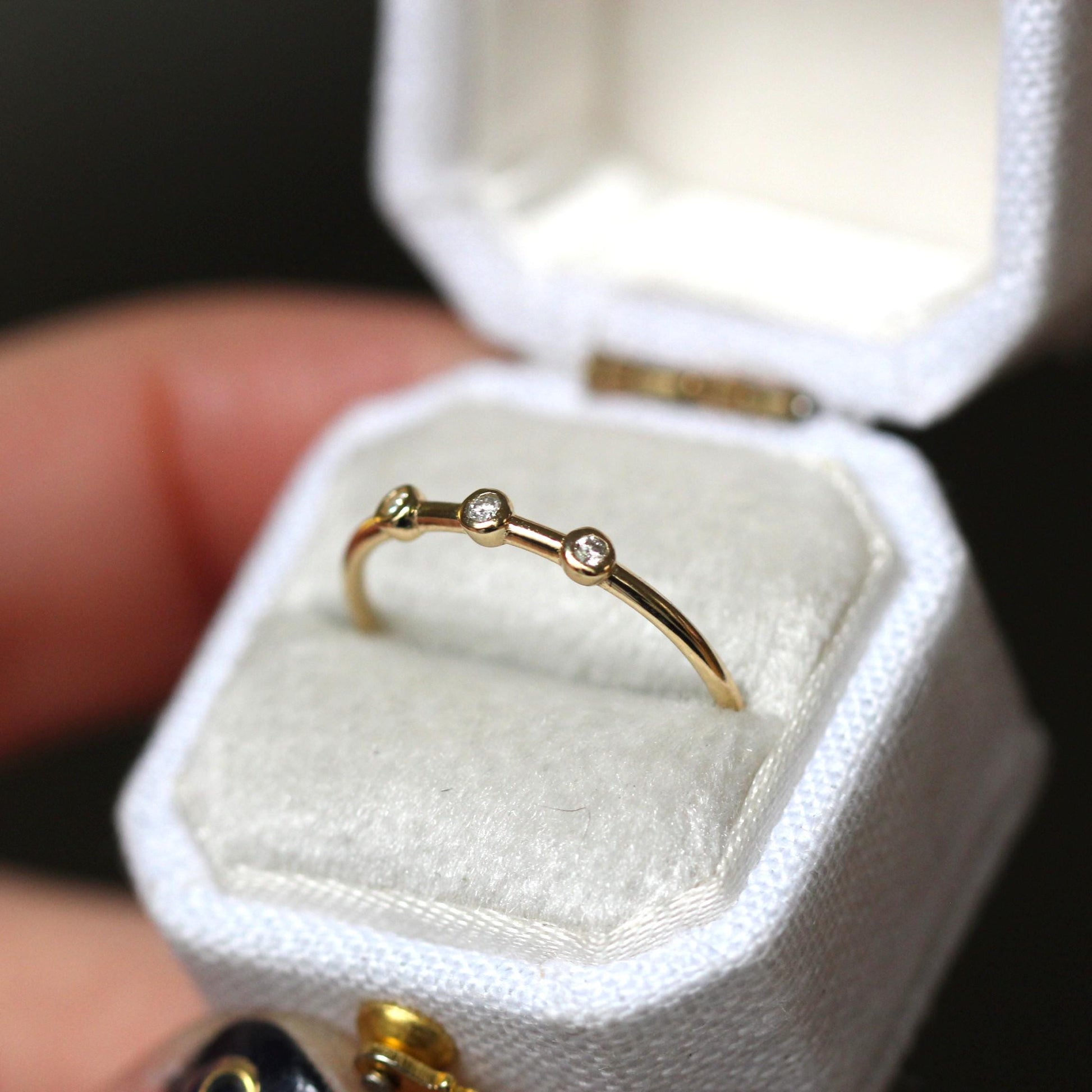 14K Triple Diamond Bezel Ring, Three Stone Ring, Tiny Bezel Ring, Unique Stacking ring, Spaced Out Stones, 10K Gold, Solid Gold Ring