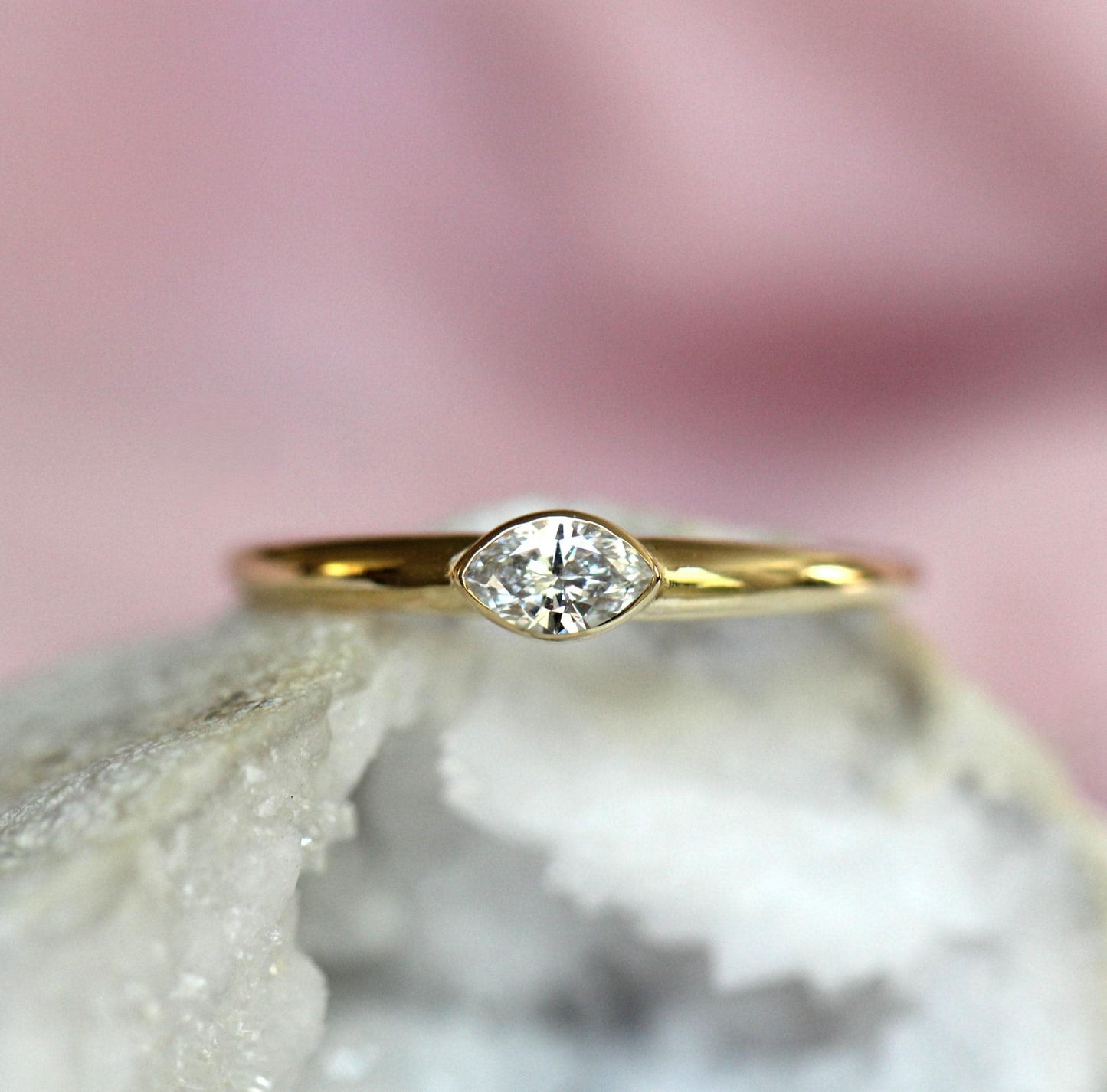 14K Diamond Marquise Bezel Ring, Tapered Band, Natural Diamond, Lab Diamond, 10K Gold, Solid Gold, Eye Ring, Bezel Ring, Solitaire Ring