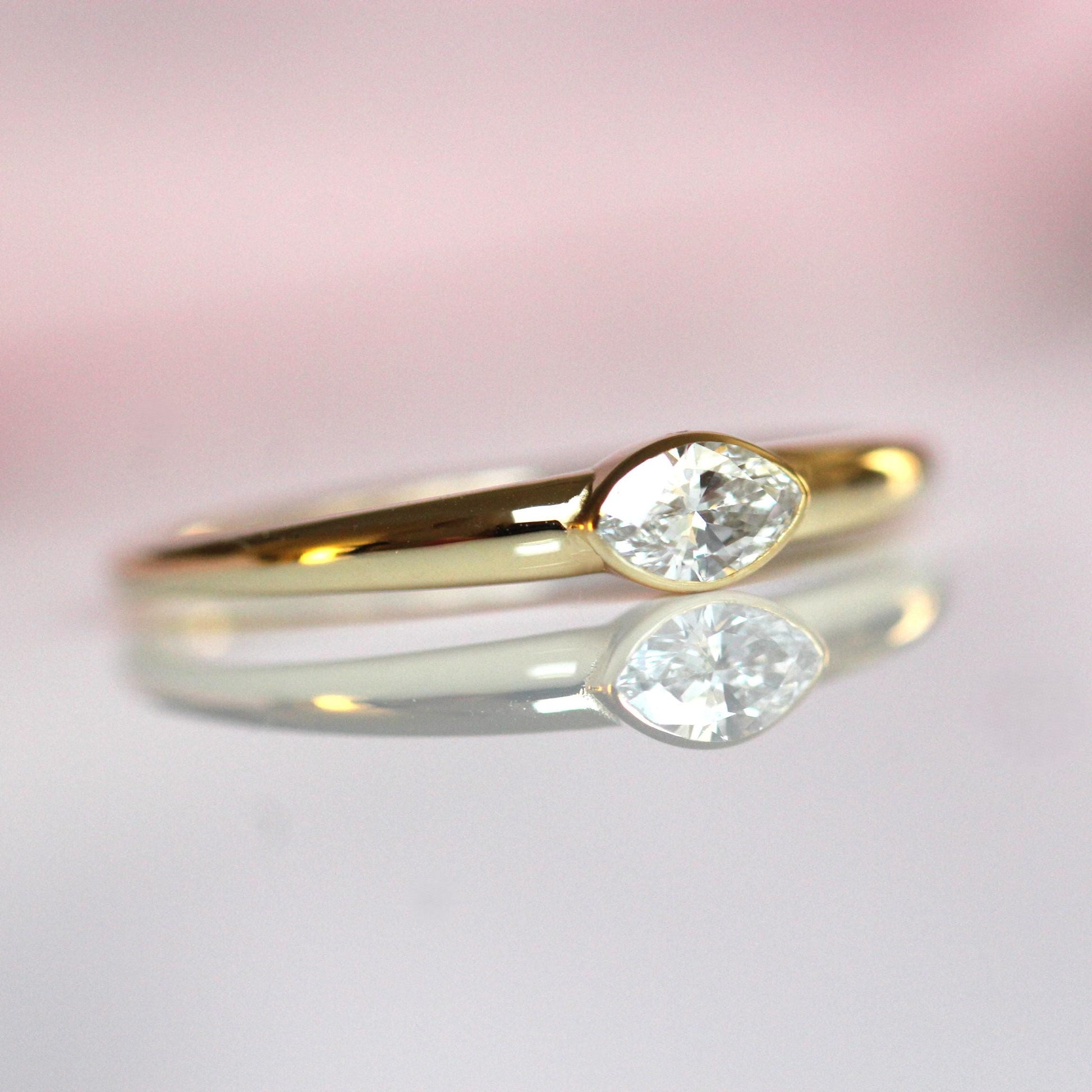 14K Diamond Marquise Bezel Ring, Tapered Band, Natural Diamond, Lab Diamond, 10K Gold, Solid Gold, Eye Ring, Bezel Ring, Solitaire Ring