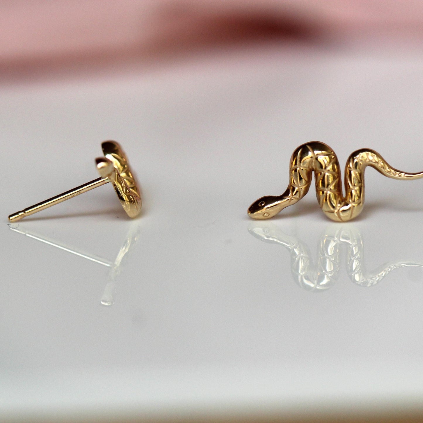 14K Gold Snake Studs, 10K Snake Earrings, Serpent Earrings, Post Studs, Solid Gold, Reptile, Wave Shape, Animal Earrings, Real Gold