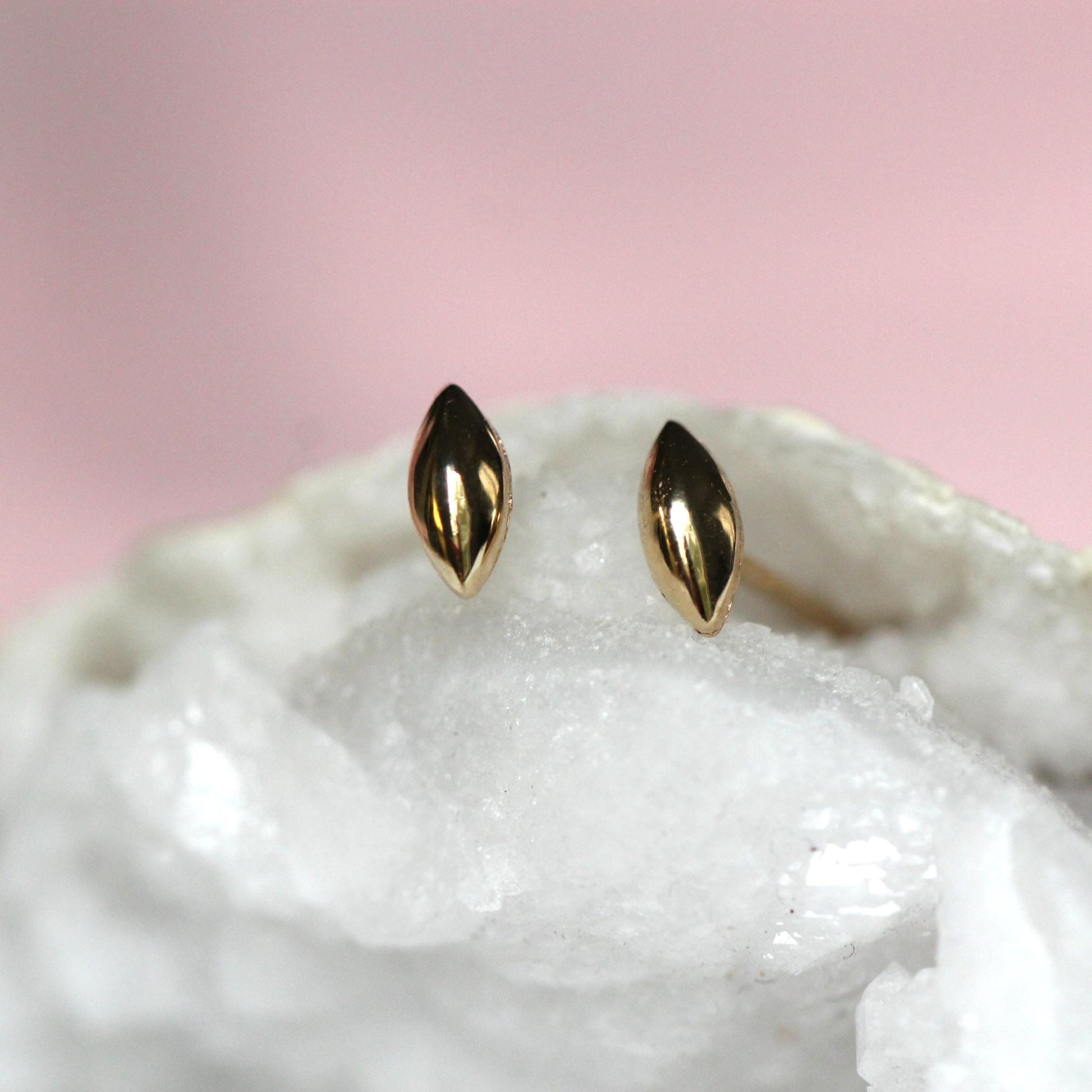 14K Gold Marquise Shape Stud, Puffy Shape Stud, Geometric Stud, Eye Shape Earring, Solid Gold Stud, Real Gold, Second Hole Stud, Line stud