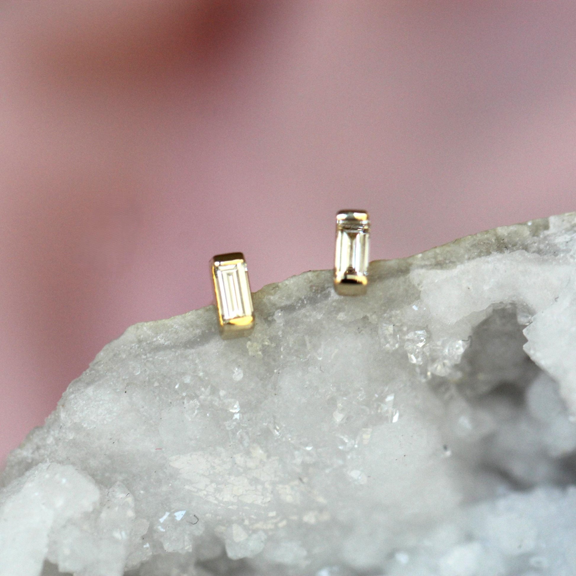 14K Gold Diamond Baguette Studs, Diamond Studs, Diamond Earrings, Gold Studs, Gold Earrings, Step Cut Stone, Rectangle Shape, Solid Gold