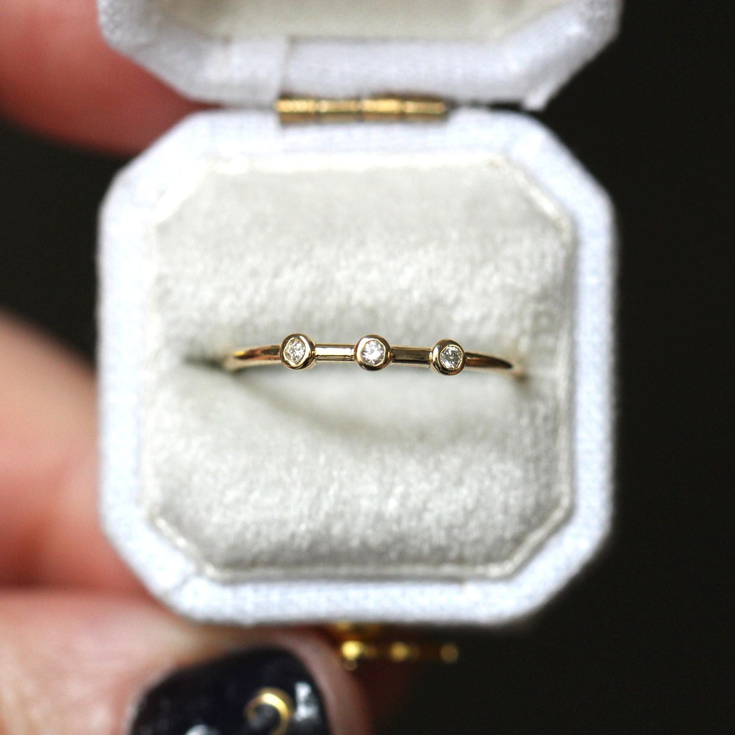 14K Triple Diamond Bezel Ring, Three Stone Ring, Tiny Bezel Ring, Unique Stacking ring, Spaced Out Stones, 10K Gold, Solid Gold Ring