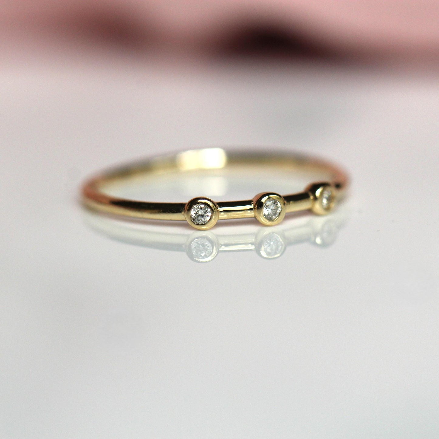 14K Triple Diamond Bezel Ring, Three Stone Ring, Tiny Bezel Ring, Unique Stacking ring, Spaced Out Stones, 10K Gold, Solid Gold Ring