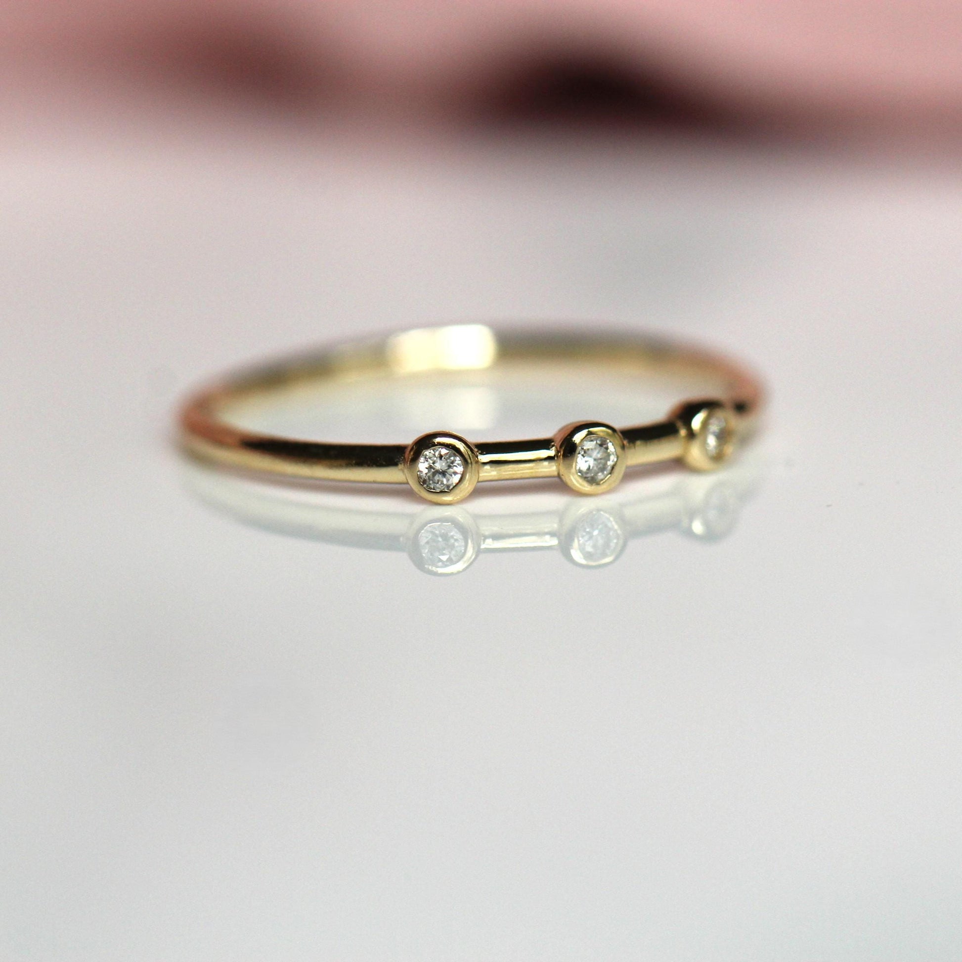 14K Triple Diamond Bezel Ring, Three Stone Ring, Tiny Bezel Ring, Unique Stacking ring, Spaced Out Stones, 10K Gold, Solid Gold Ring