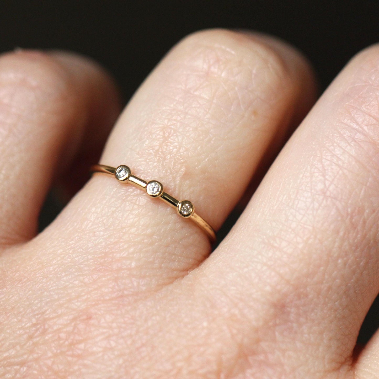 14K Triple Diamond Bezel Ring, Three Stone Ring, Tiny Bezel Ring, Unique Stacking ring, Spaced Out Stones, 10K Gold, Solid Gold Ring