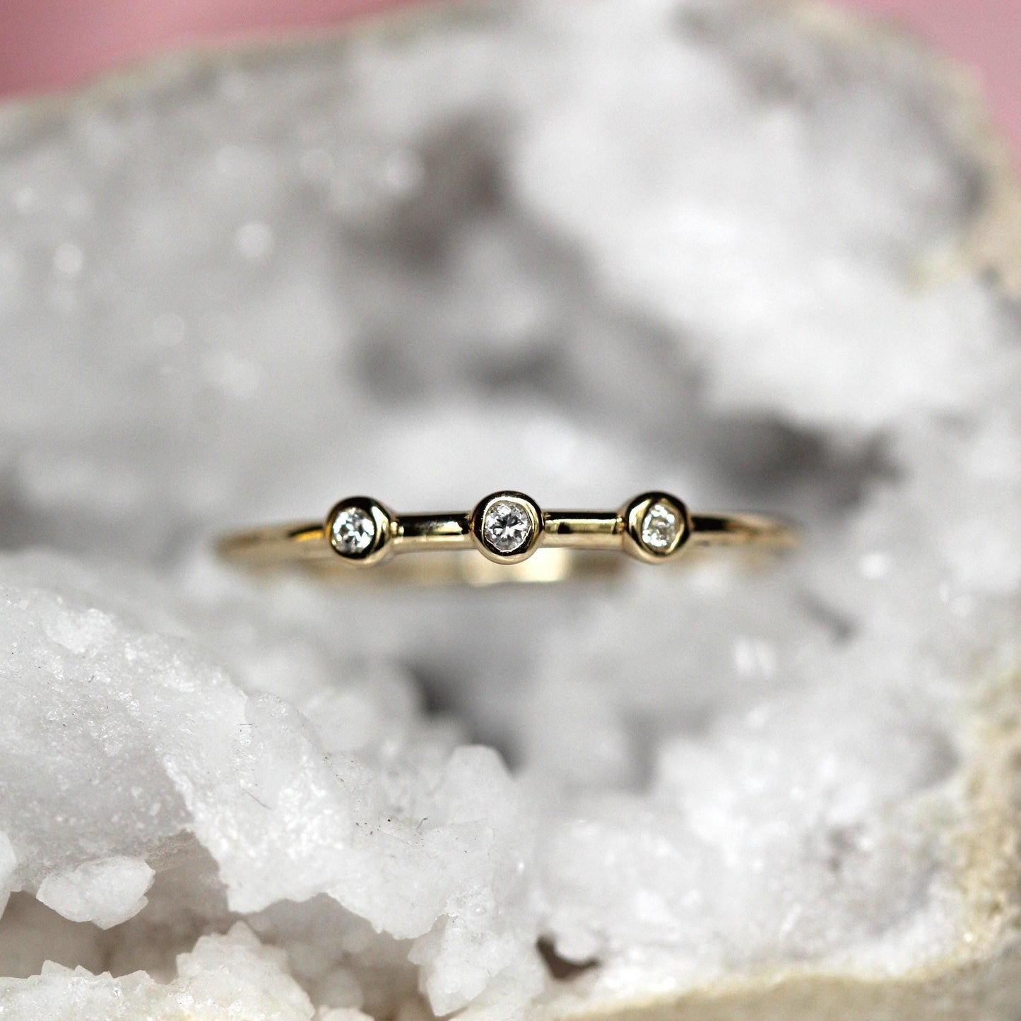 14K Triple Diamond Bezel Ring, Three Stone Ring, Tiny Bezel Ring, Unique Stacking ring, Spaced Out Stones, 10K Gold, Solid Gold Ring