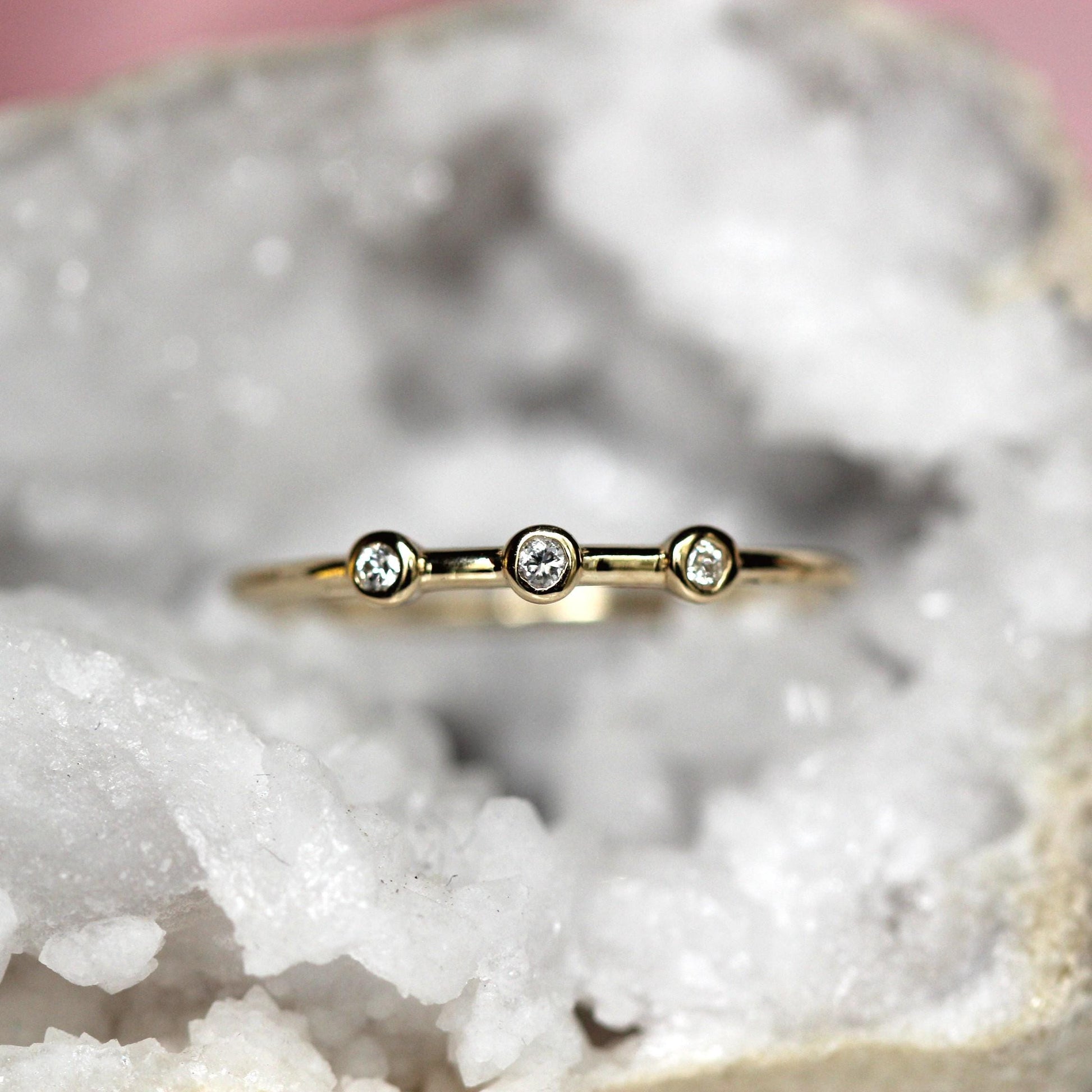 14K Triple Diamond Bezel Ring, Three Stone Ring, Tiny Bezel Ring, Unique Stacking ring, Spaced Out Stones, 10K Gold, Solid Gold Ring