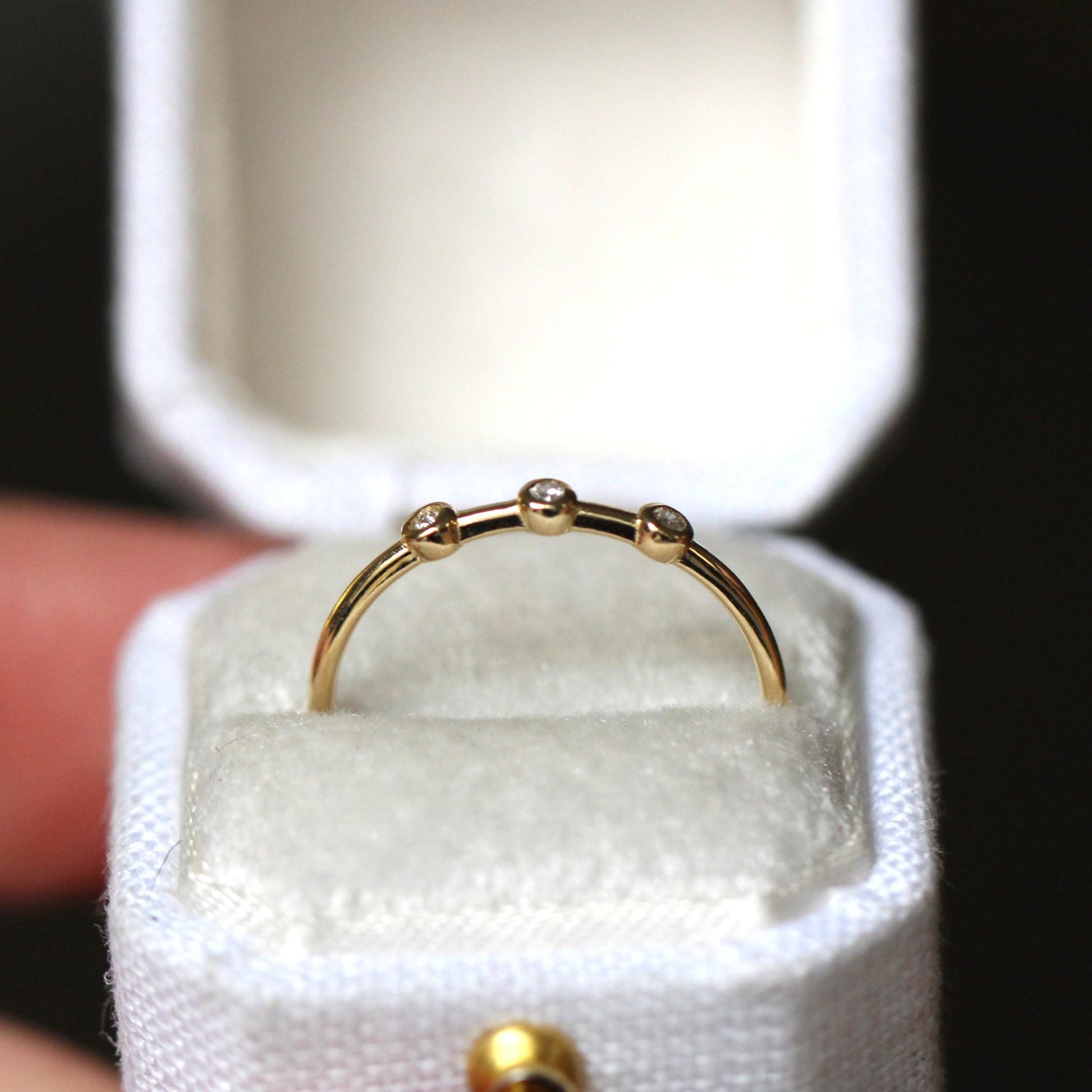 14K Triple Diamond Bezel Ring, Three Stone Ring, Tiny Bezel Ring, Unique Stacking ring, Spaced Out Stones, 10K Gold, Solid Gold Ring