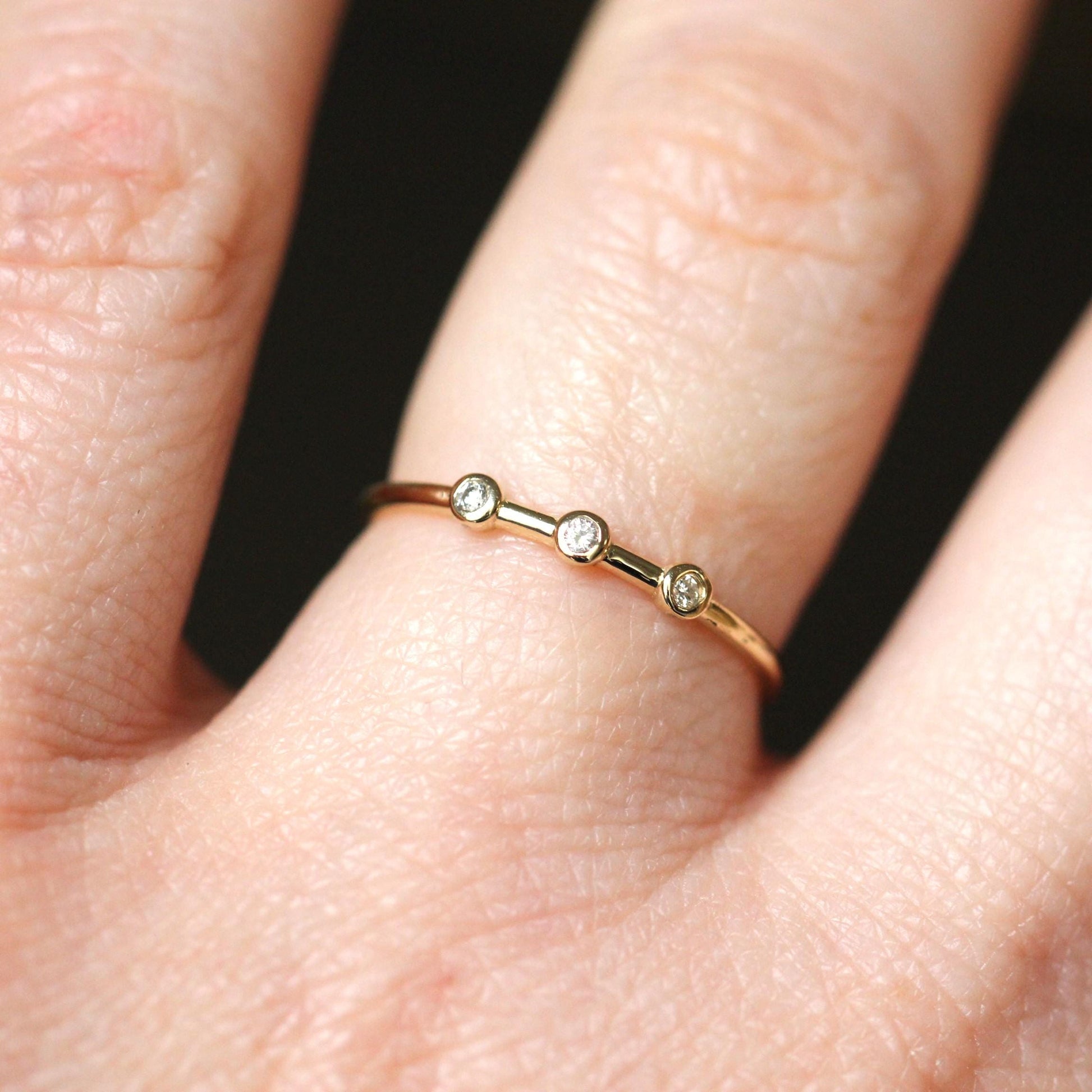 14K Triple Diamond Bezel Ring, Three Stone Ring, Tiny Bezel Ring, Unique Stacking ring, Spaced Out Stones, 10K Gold, Solid Gold Ring