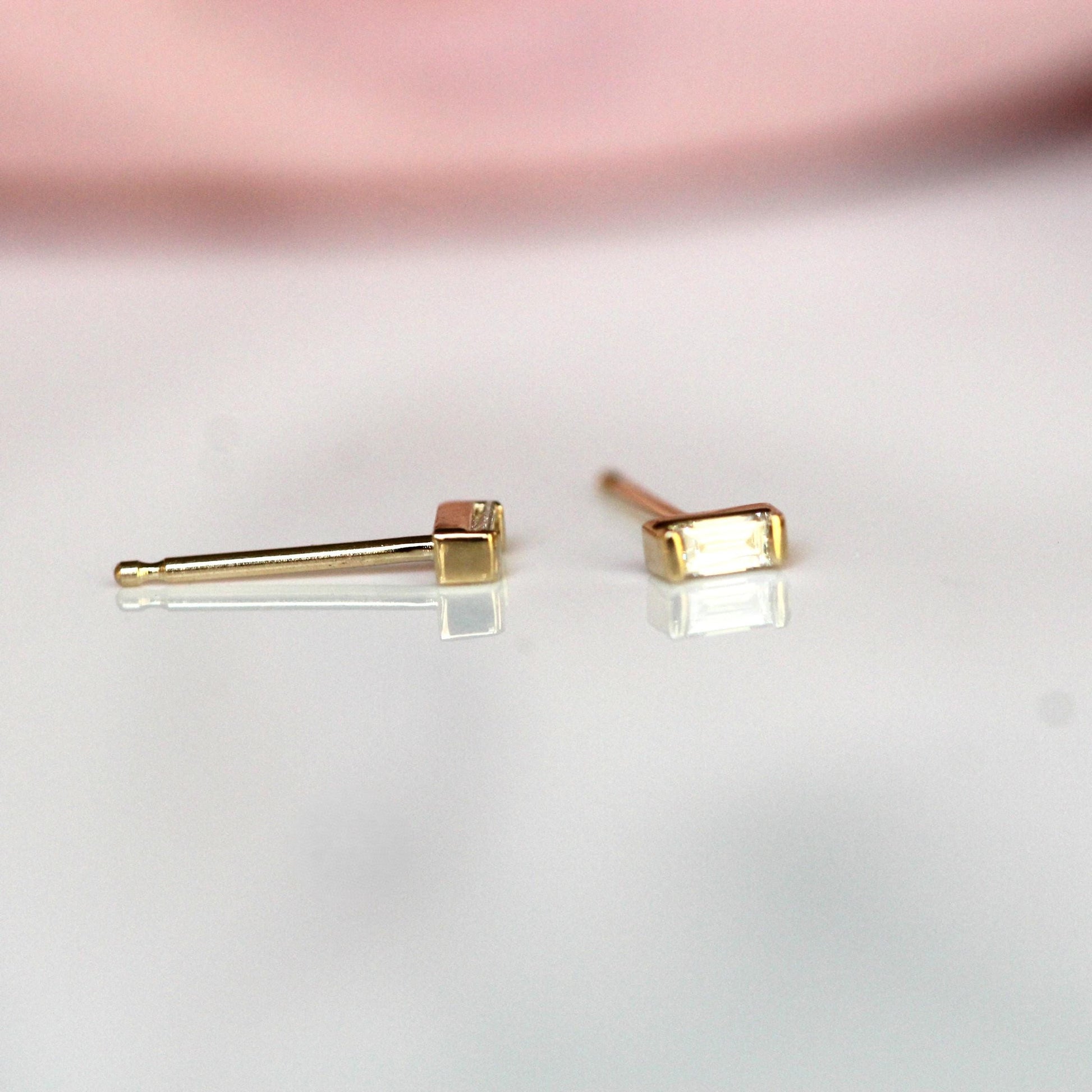 14K Gold Diamond Baguette Studs, Diamond Studs, Diamond Earrings, Gold Studs, Gold Earrings, Step Cut Stone, Rectangle Shape, Solid Gold