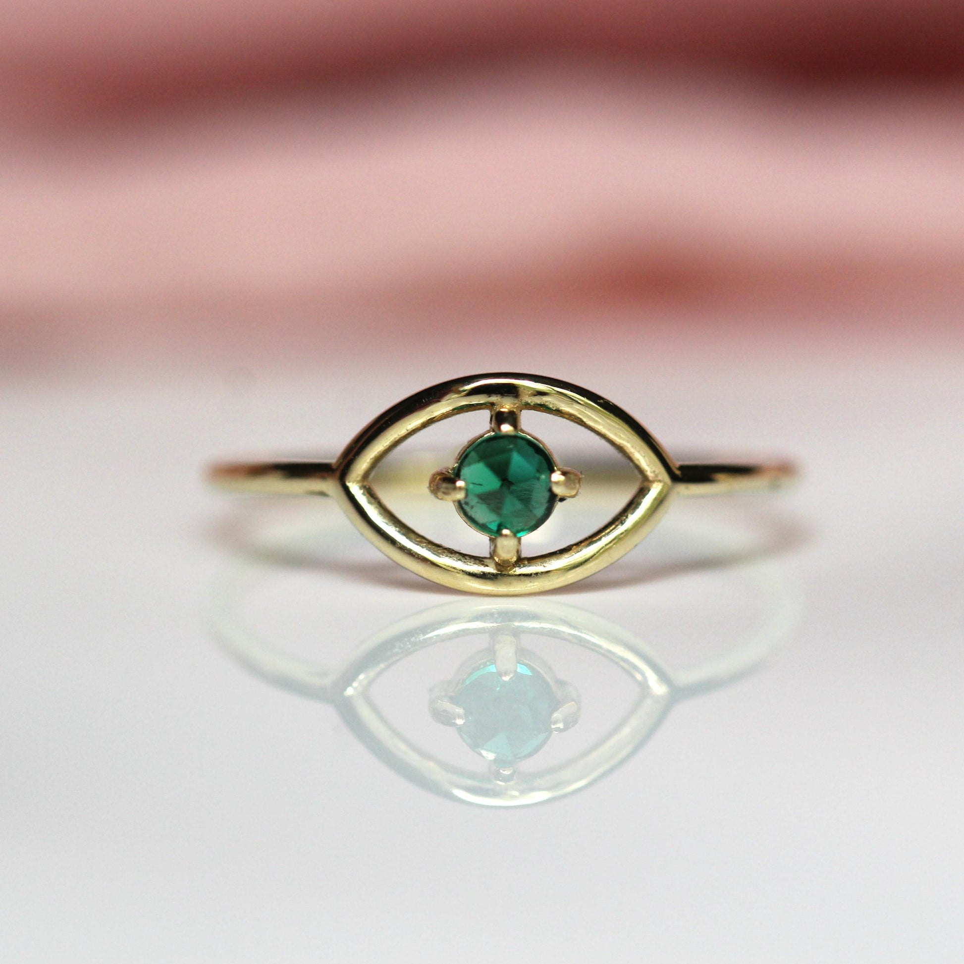 14K Gold Emerald Ring, "Evil Eye" Ring, Green Stone Ring, May Birthstone, 10K, Open Eye Ring, Dainty Ring, Solid Gold Ring, Rose-Cut Stone