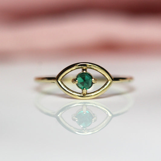 14K Gold Emerald Ring, "Evil Eye" Ring, Green Stone Ring, May Birthstone, 10K, Open Eye Ring, Dainty Ring, Solid Gold Ring, Rose-Cut Stone