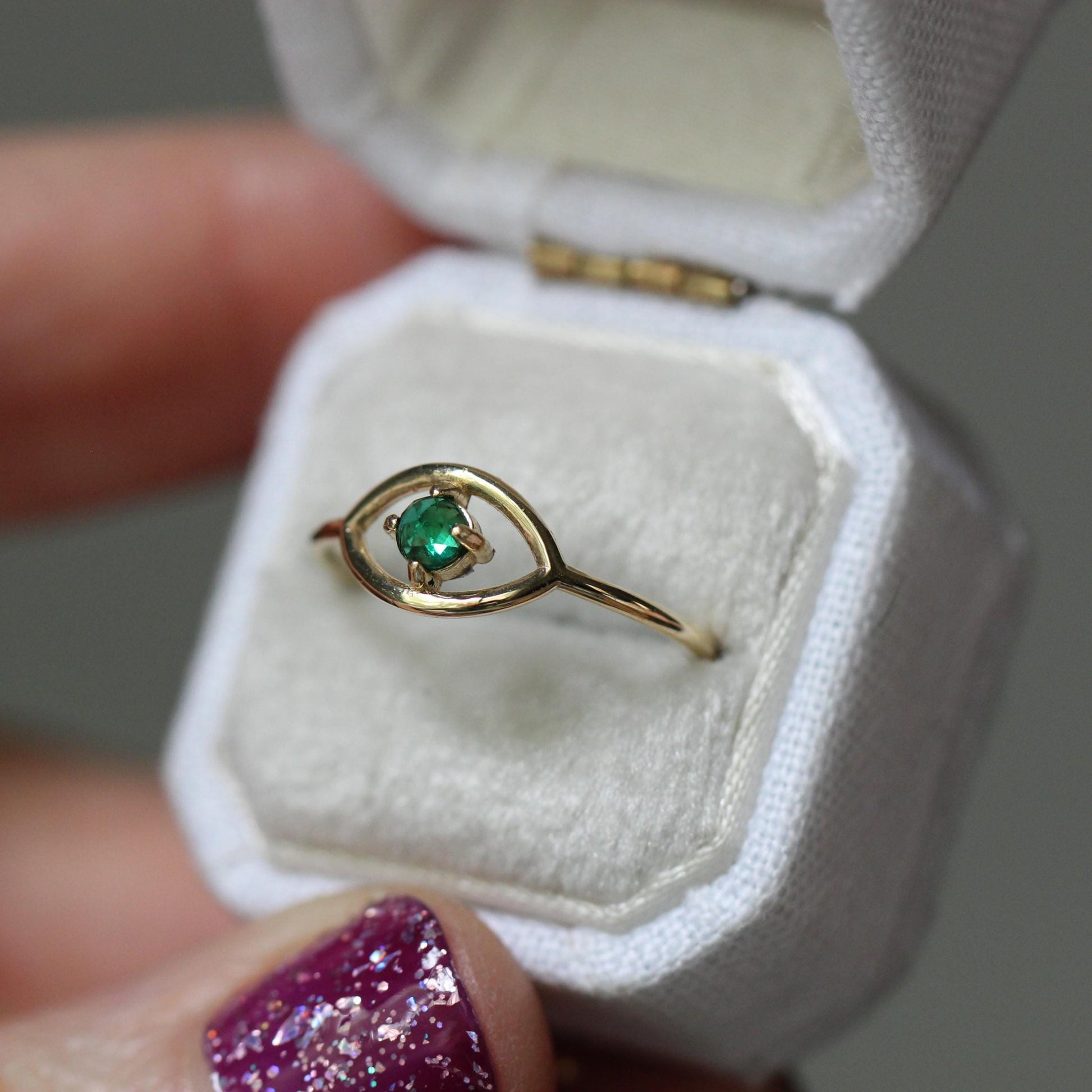 14K Gold Emerald Ring, "Evil Eye" Ring, Green Stone Ring, May Birthstone, 10K, Open Eye Ring, Dainty Ring, Solid Gold Ring, Rose-Cut Stone