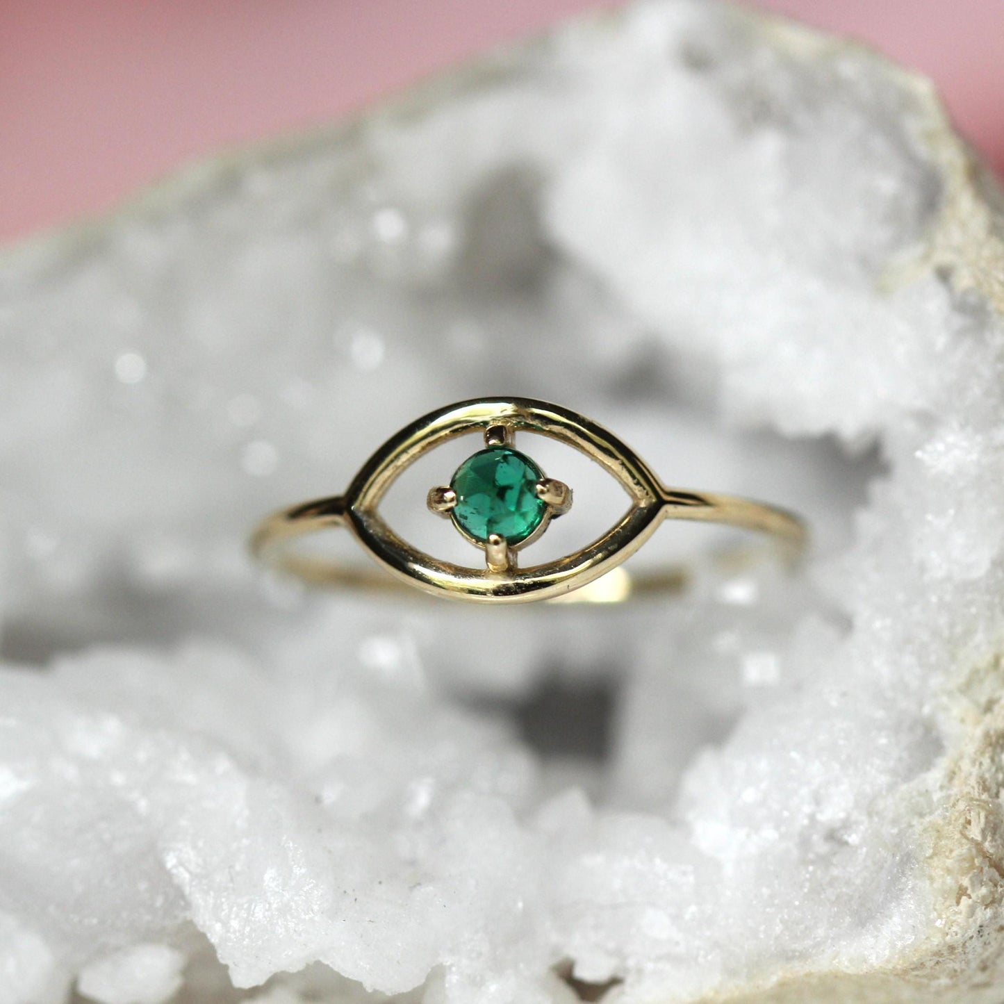14K Gold Emerald Ring, "Evil Eye" Ring, Green Stone Ring, May Birthstone, 10K, Open Eye Ring, Dainty Ring, Solid Gold Ring, Rose-Cut Stone