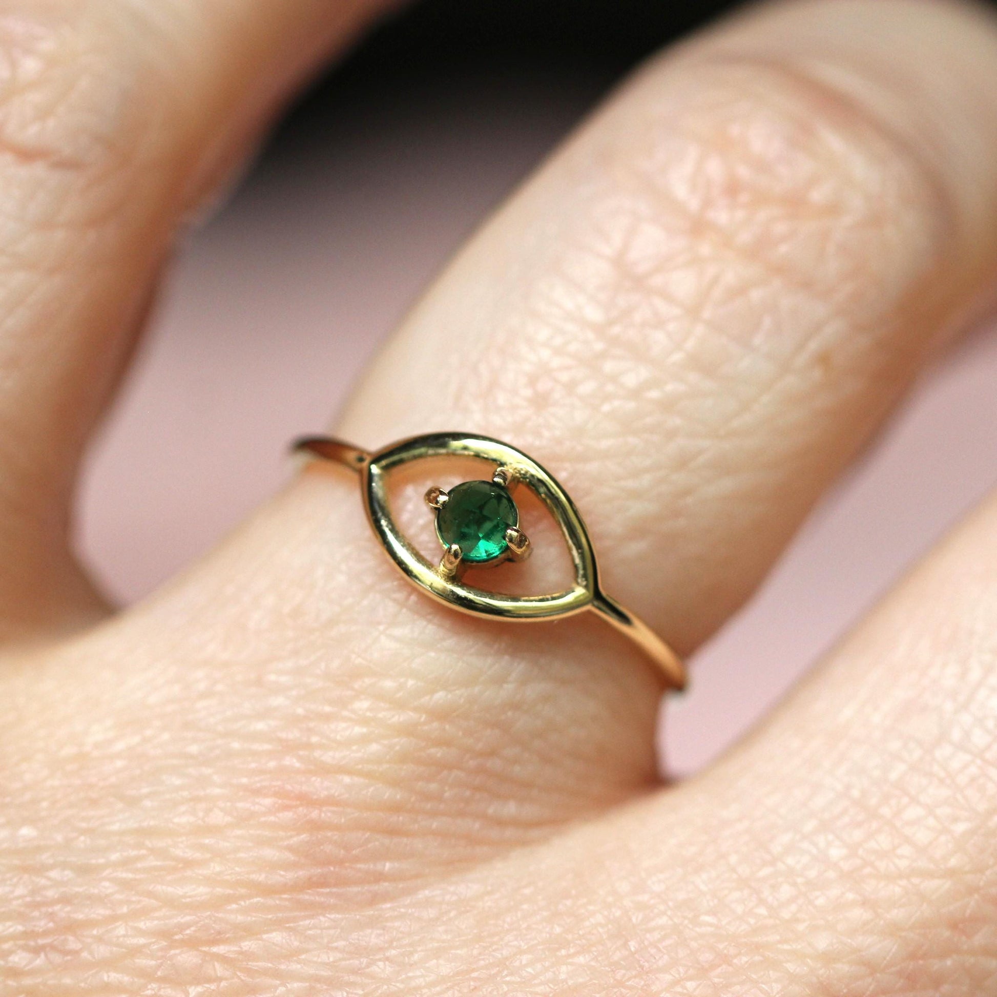 14K Gold Emerald Ring, "Evil Eye" Ring, Green Stone Ring, May Birthstone, 10K, Open Eye Ring, Dainty Ring, Solid Gold Ring, Rose-Cut Stone