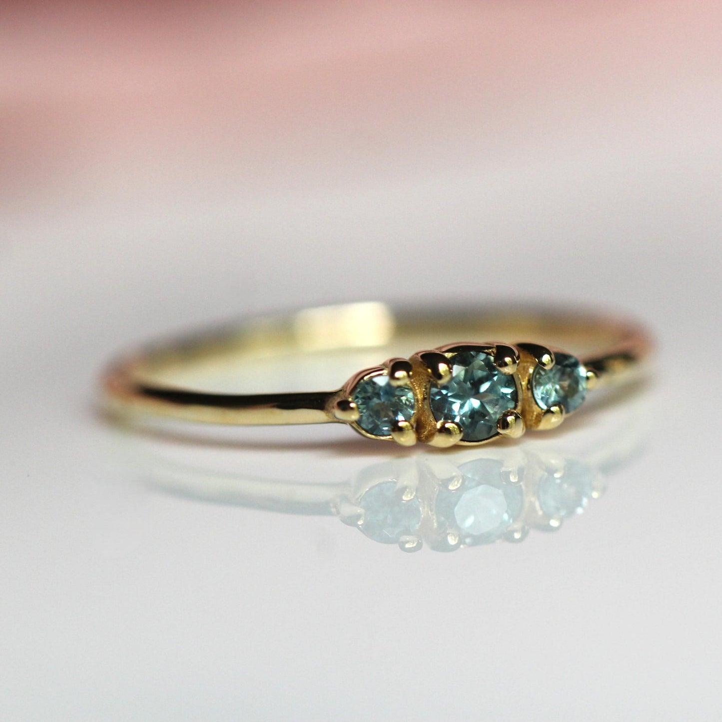14K Montana Sapphire Three Stone Ring, September Birthstone, Blue Green Stone, Untreated Sapphire, Teal Stone, Prong Ring, Gemstone Ring