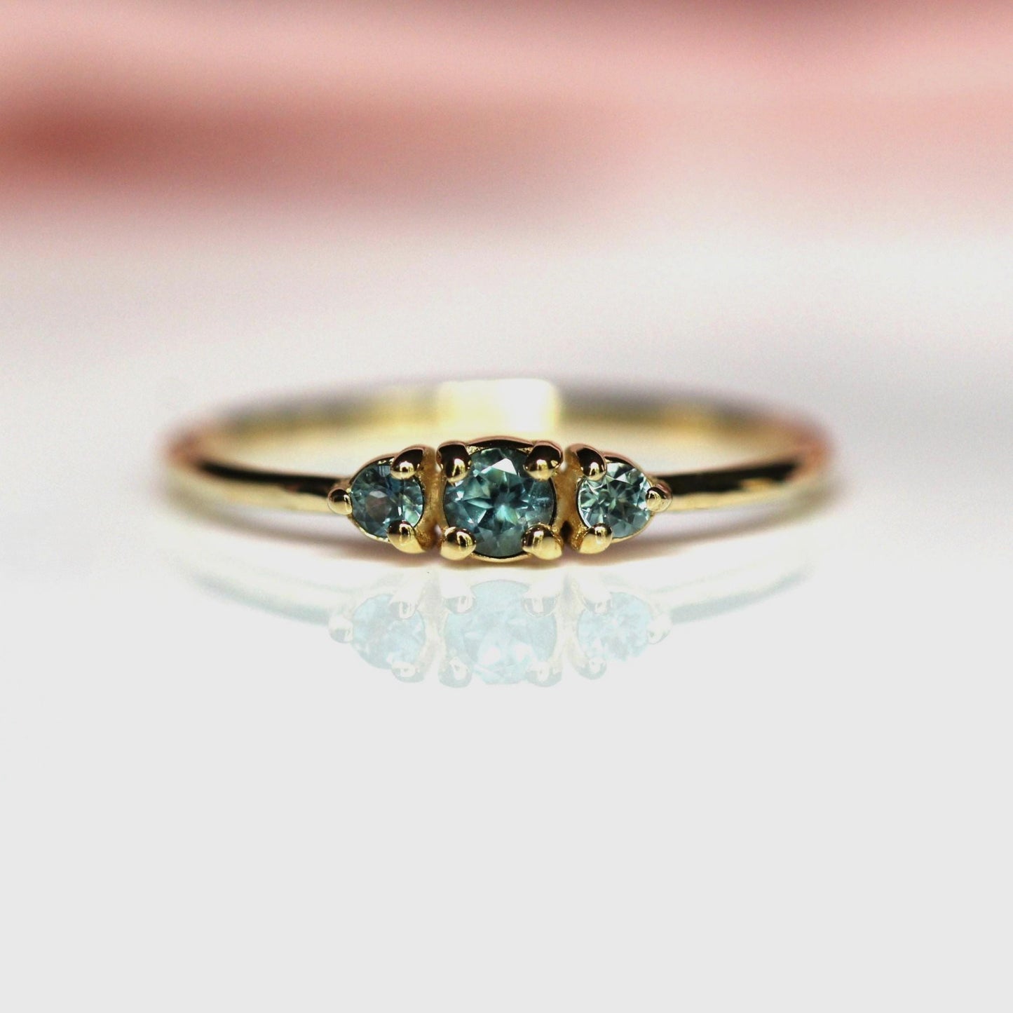 14K Montana Sapphire Three Stone Ring, September Birthstone, Blue Green Stone, Untreated Sapphire, Teal Stone, Prong Ring, Gemstone Ring