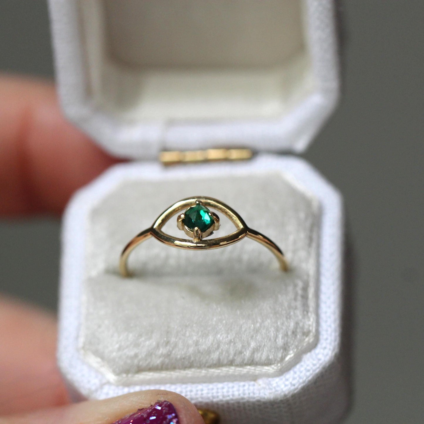 14K Gold Emerald Ring, "Evil Eye" Ring, Green Stone Ring, May Birthstone, 10K, Open Eye Ring, Dainty Ring, Solid Gold Ring, Rose-Cut Stone