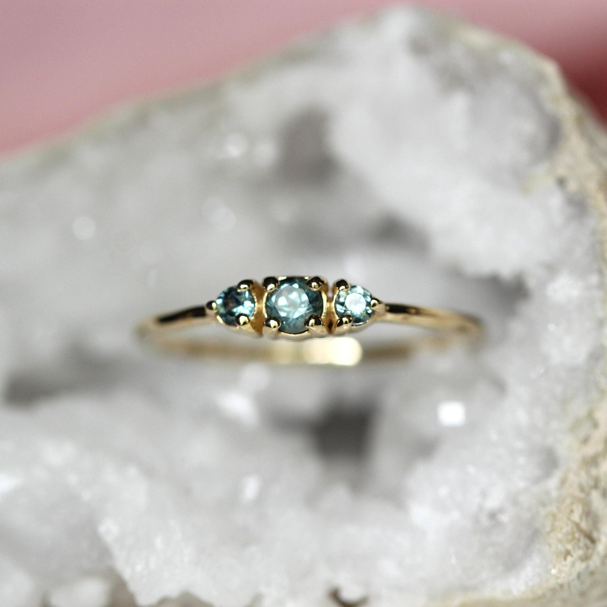 14K Montana Sapphire Three Stone Ring, September Birthstone, Blue Green Stone, Untreated Sapphire, Teal Stone, Prong Ring, Gemstone Ring