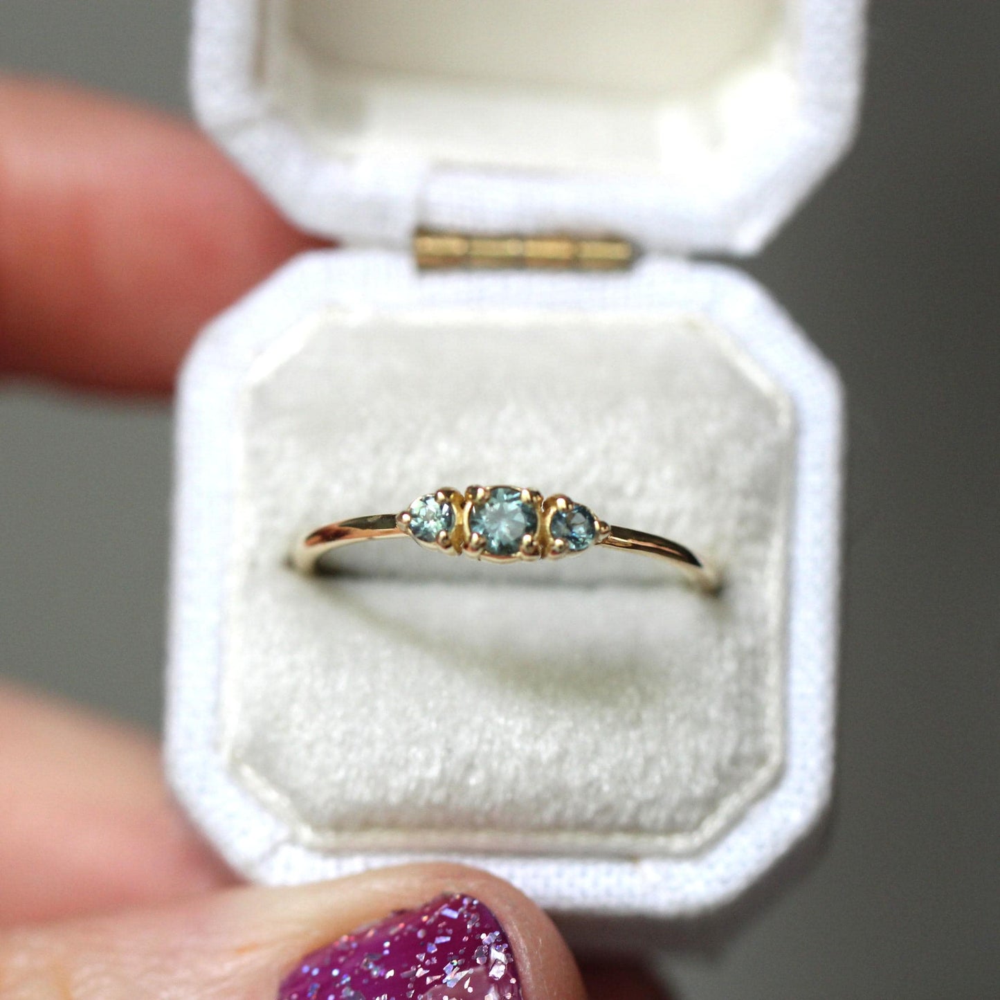 14K Montana Sapphire Three Stone Ring, September Birthstone, Blue Green Stone, Untreated Sapphire, Teal Stone, Prong Ring, Gemstone Ring