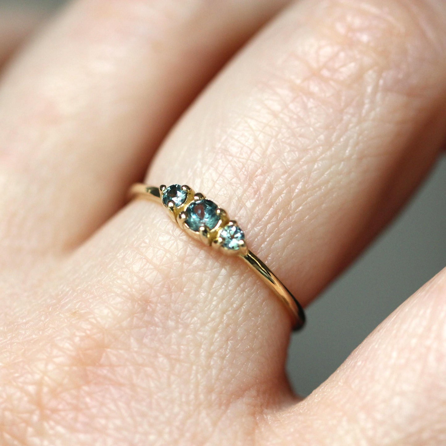 14K Montana Sapphire Three Stone Ring, September Birthstone, Blue Green Stone, Untreated Sapphire, Teal Stone, Prong Ring, Gemstone Ring