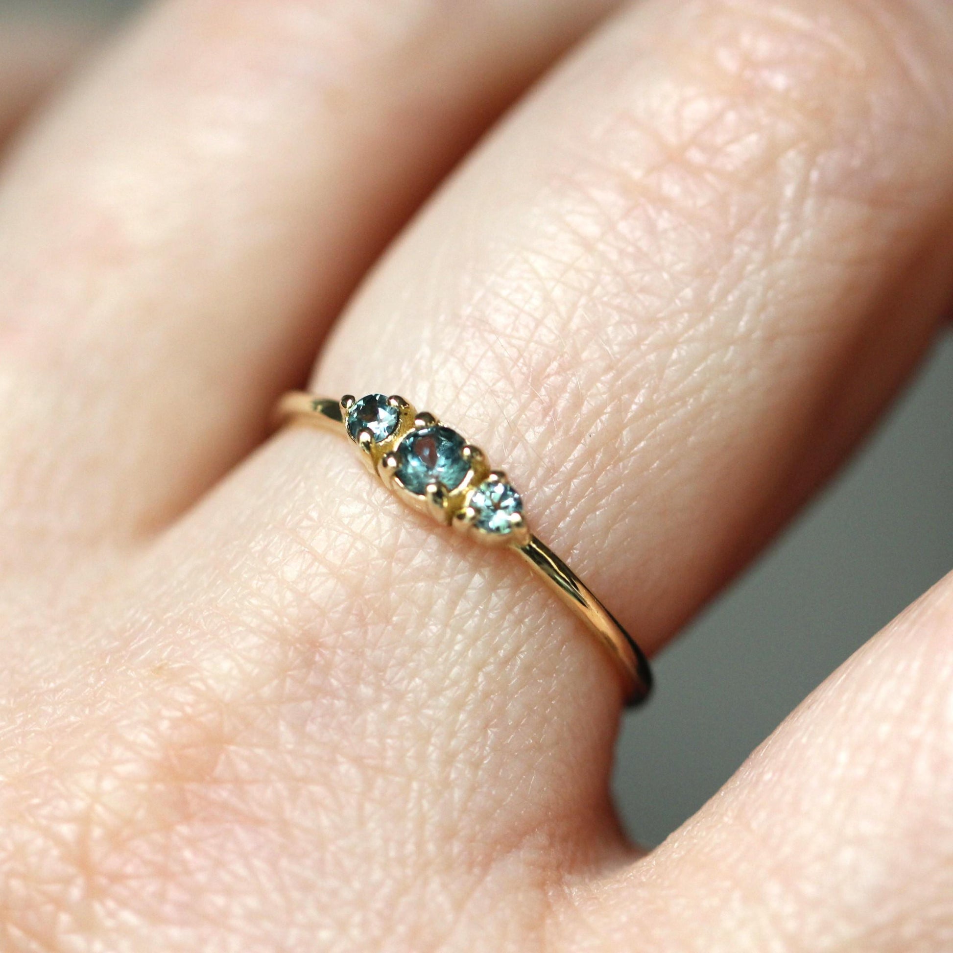 14K Montana Sapphire Three Stone Ring, September Birthstone, Blue Green Stone, Untreated Sapphire, Teal Stone, Prong Ring, Gemstone Ring