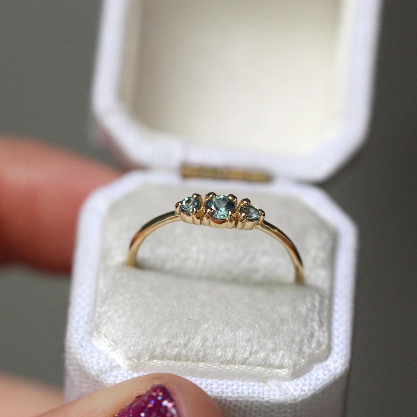 14K Montana Sapphire Three Stone Ring, September Birthstone, Blue Green Stone, Untreated Sapphire, Teal Stone, Prong Ring, Gemstone Ring