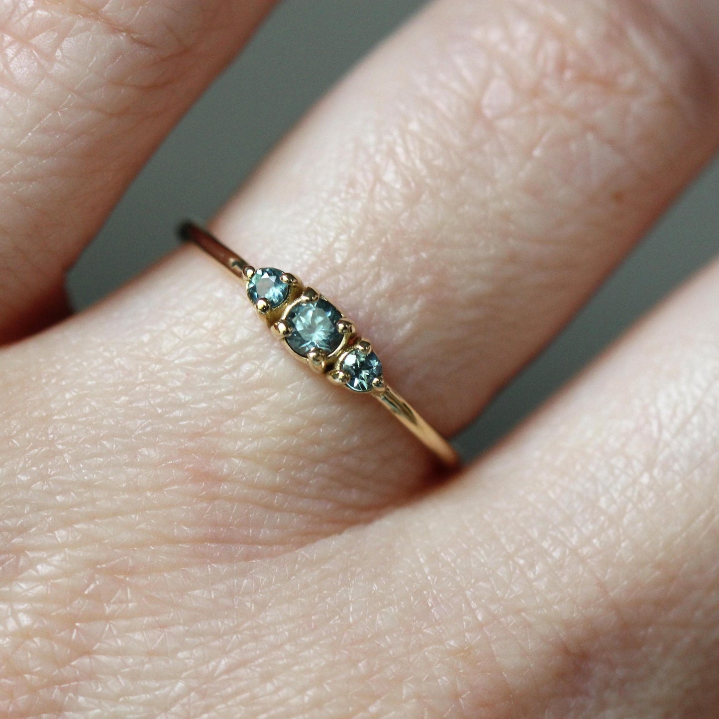 14K Montana Sapphire Three Stone Ring, September Birthstone, Blue Green Stone, Untreated Sapphire, Teal Stone, Prong Ring, Gemstone Ring