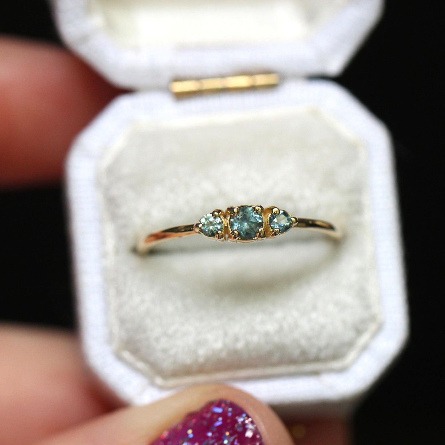 14K Montana Sapphire Three Stone Ring, September Birthstone, Blue Green Stone, Untreated Sapphire, Teal Stone, Prong Ring, Gemstone Ring