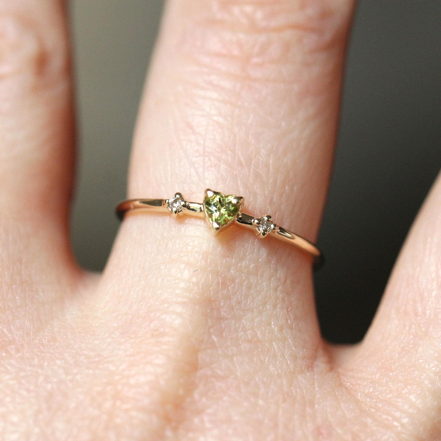 14K Peridot Heart Ring, Three Stone Ring, August Birthstone, 10K Gemstone Ring, Green Stone Ring, Tiny Heart Ring, Stacking, Diamond, Gold