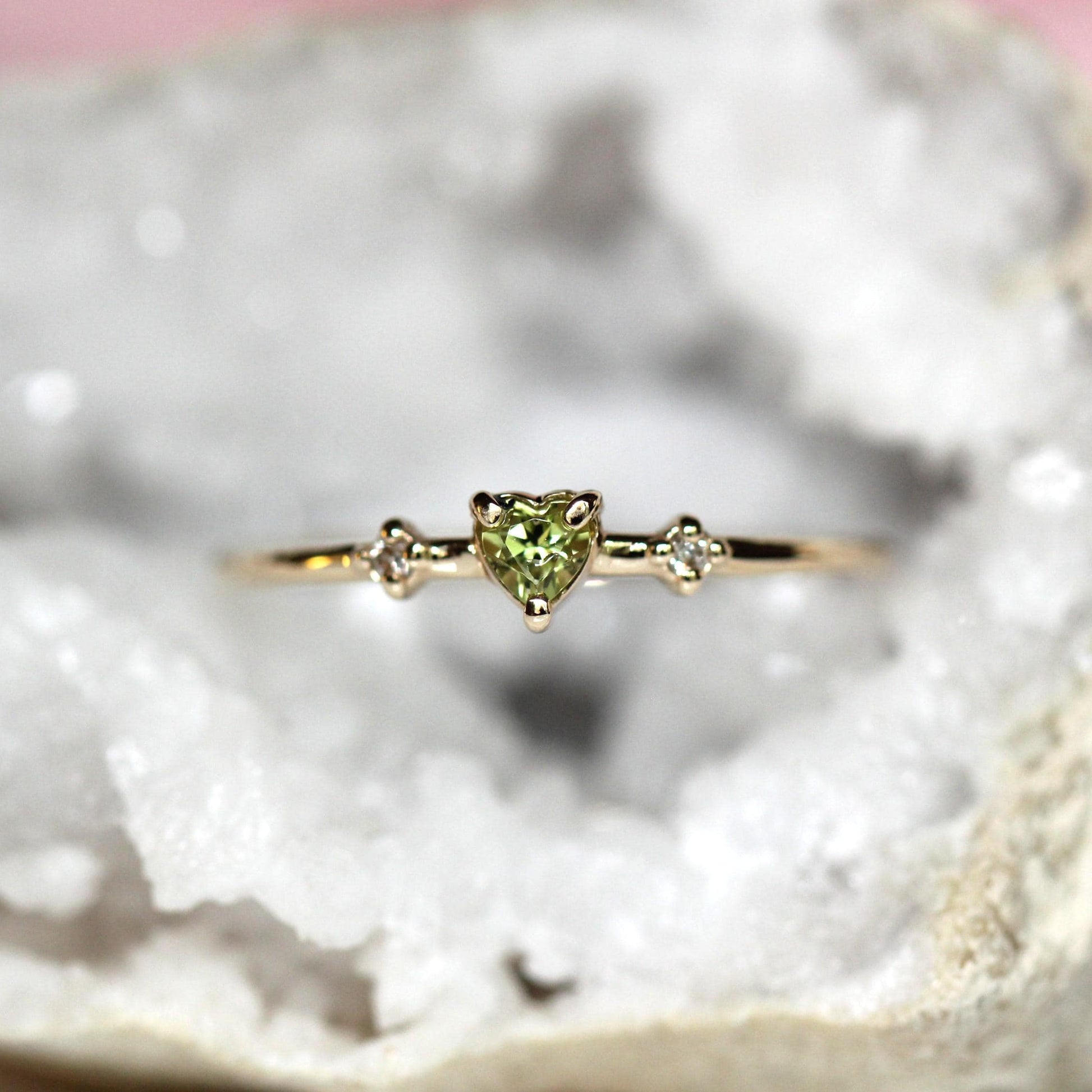 14K Peridot Heart Ring, Three Stone Ring, August Birthstone, 10K Gemstone Ring, Green Stone Ring, Tiny Heart Ring, Stacking, Diamond, Gold