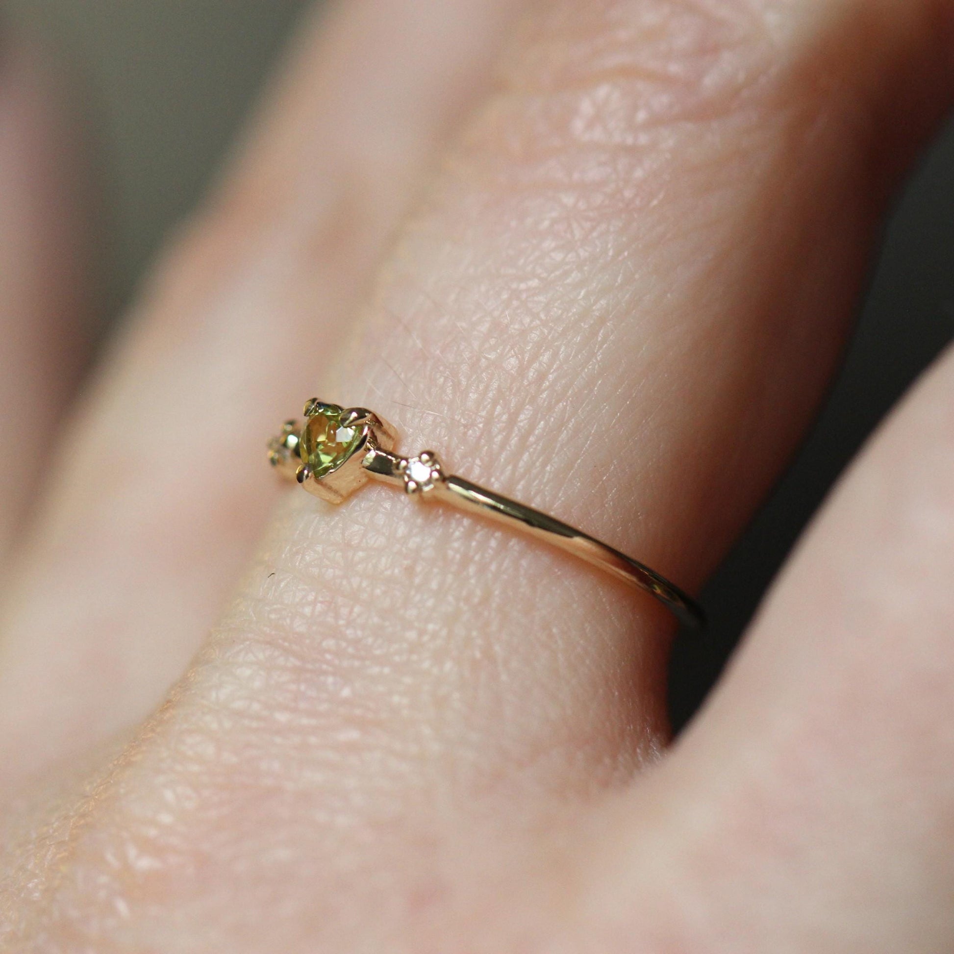 14K Peridot Heart Ring, Three Stone Ring, August Birthstone, 10K Gemstone Ring, Green Stone Ring, Tiny Heart Ring, Stacking, Diamond, Gold