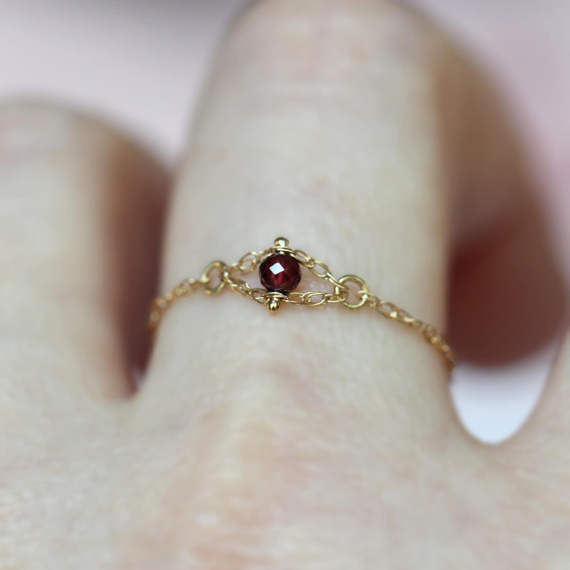 14K Gold Garnet Chain Ring, Solid Gold Chain Ring, Solid Gold Garnet Ring, Red Stone, Red and Gold, Rope Chain Ring, January Birthstone